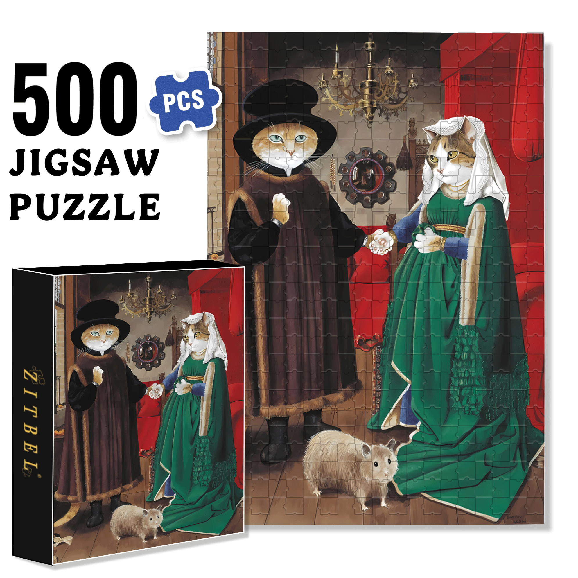 Fantastic Encounter between Cats and World Famous Paintings 9 500pcs/1000pcs Jigsaw Puzzle, Scratch-Resistant, Interactive Family Game & Brain-Boosting DIY Decor, Perfect for Halloween, Christmas & New Year Gifts, Family Puzzle Game