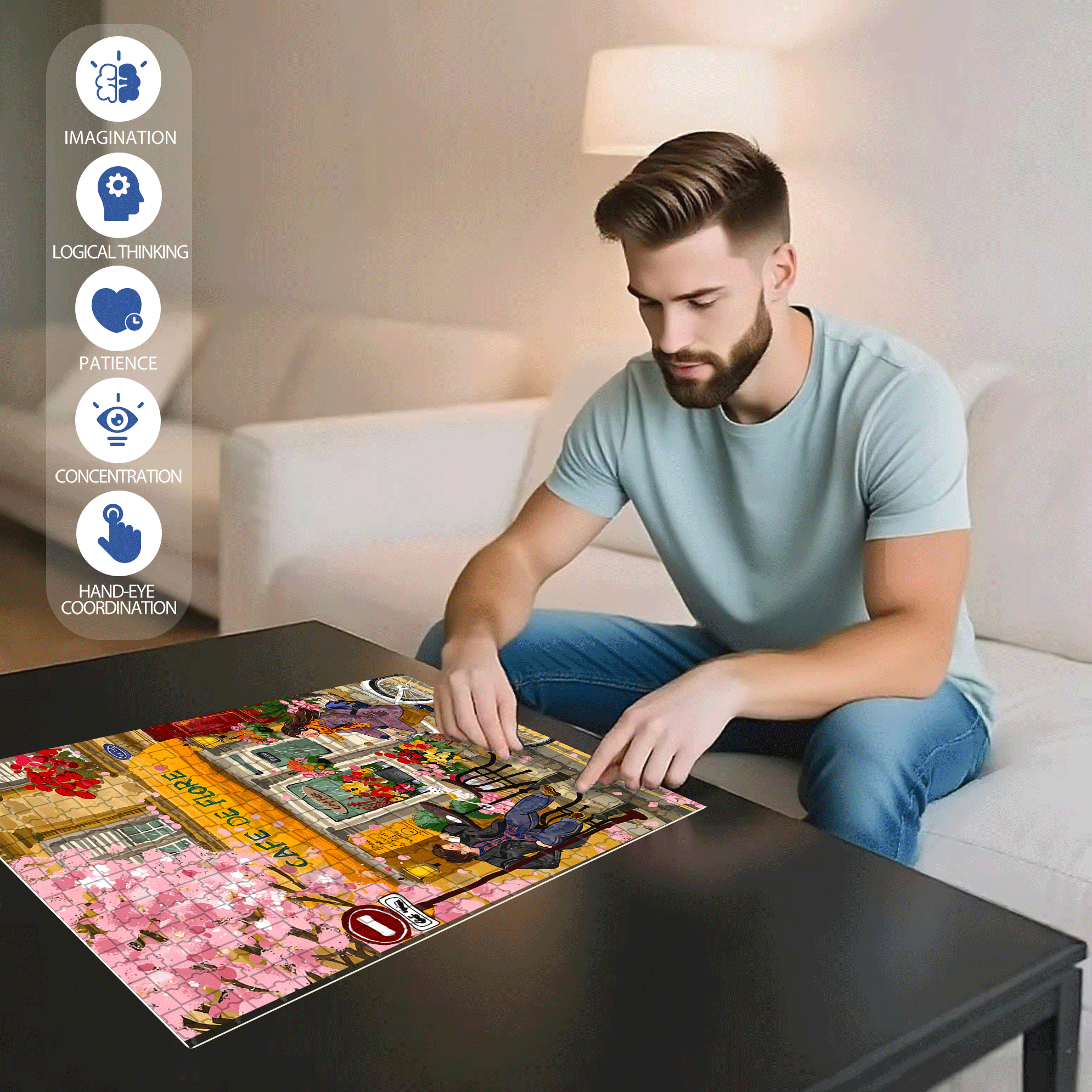 Cafe DE Flore 500pcs/1000pcs Jigsaw Puzzle, Scratch-Resistant, Interactive Family Game & Brain-Boosting DIY Decor, Perfect for Halloween, Christmas & New Year Gifts, Family Puzzle Game