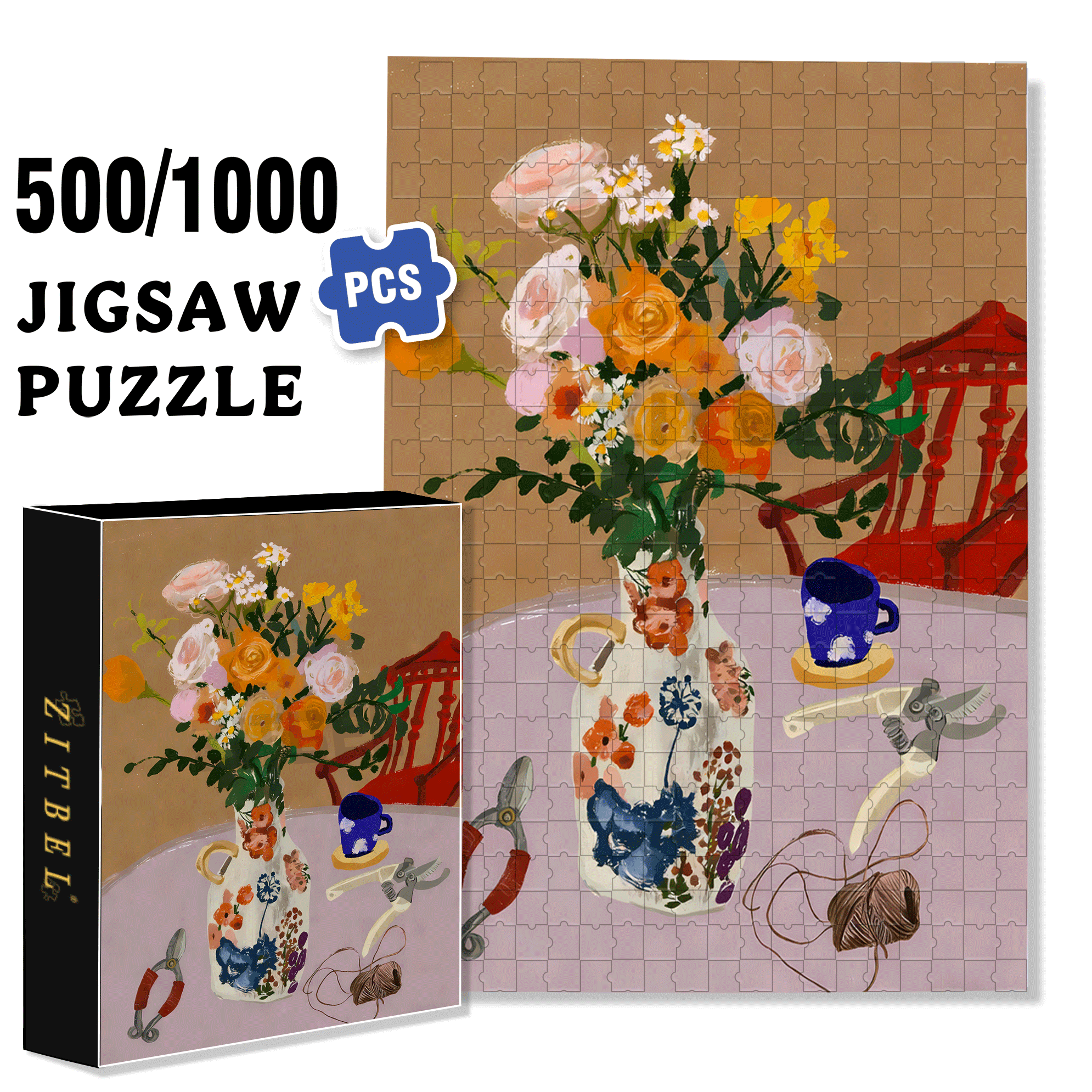 Flower Arrangement Small Object 500pcs/1000pcs Jigsaw Puzzle, Scratch-Resistant, Interactive Family Game & Brain-Boosting DIY Decor, Perfect for Halloween, Christmas & New Year Gifts, Family Puzzle Game