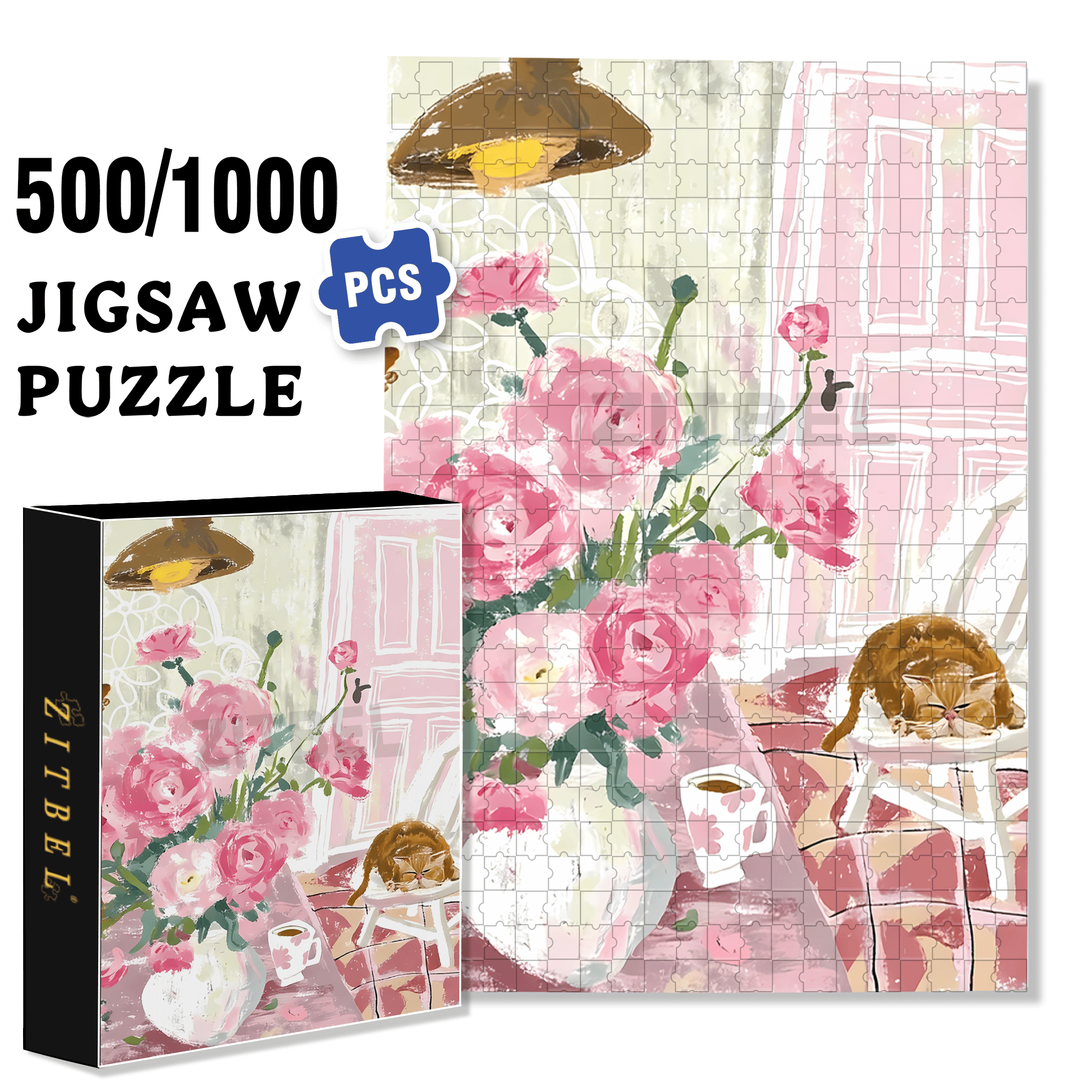 Flowers and Cats 2 500pcs/1000pcs Jigsaw Puzzle, Scratch-Resistant, Interactive Family Game & Brain-Boosting DIY Decor, Perfect for Halloween, Christmas & New Year Gifts, Family Puzzle Game