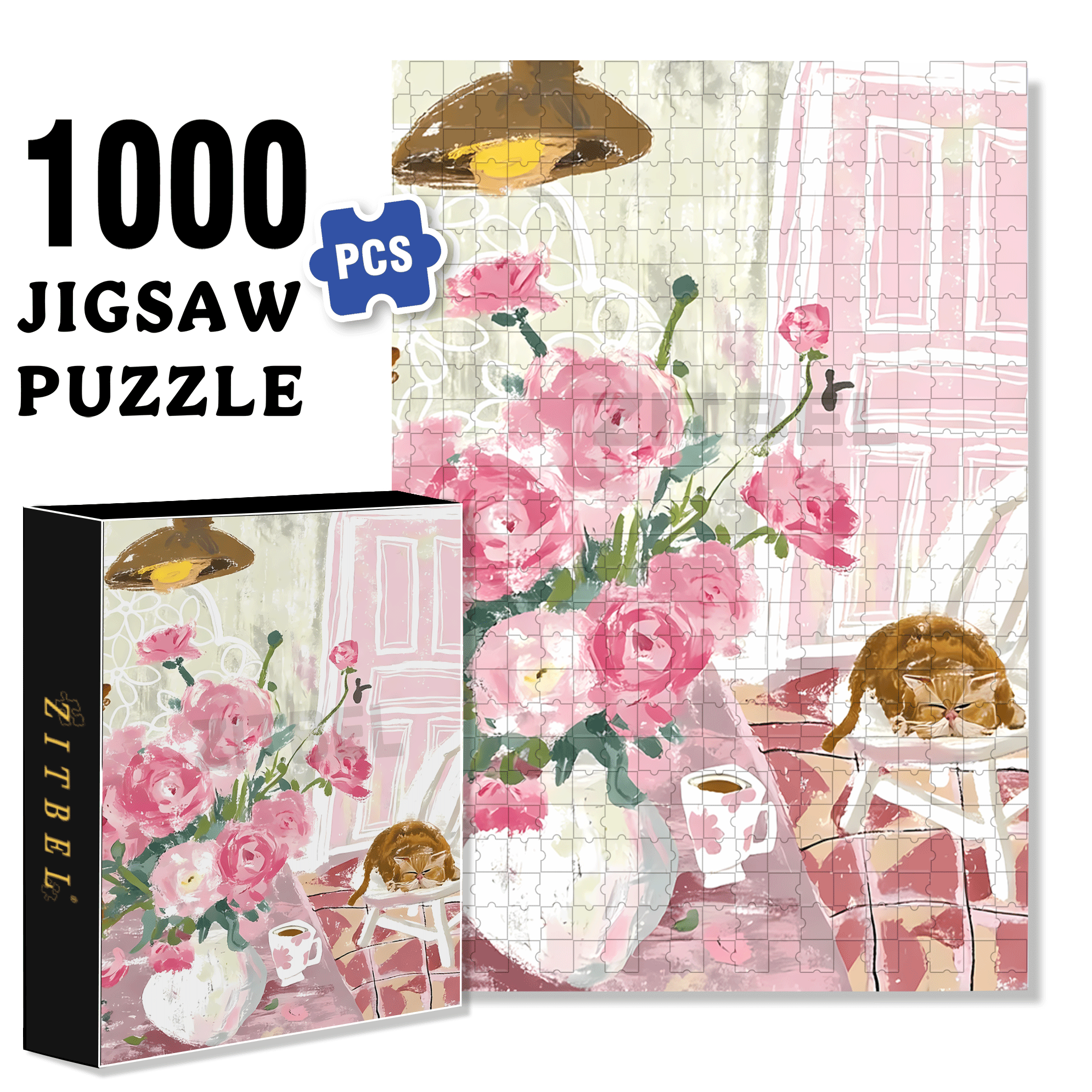 Flowers and Cats 2 500pcs/1000pcs Jigsaw Puzzle, Scratch-Resistant, Interactive Family Game & Brain-Boosting DIY Decor, Perfect for Halloween, Christmas & New Year Gifts, Family Puzzle Game