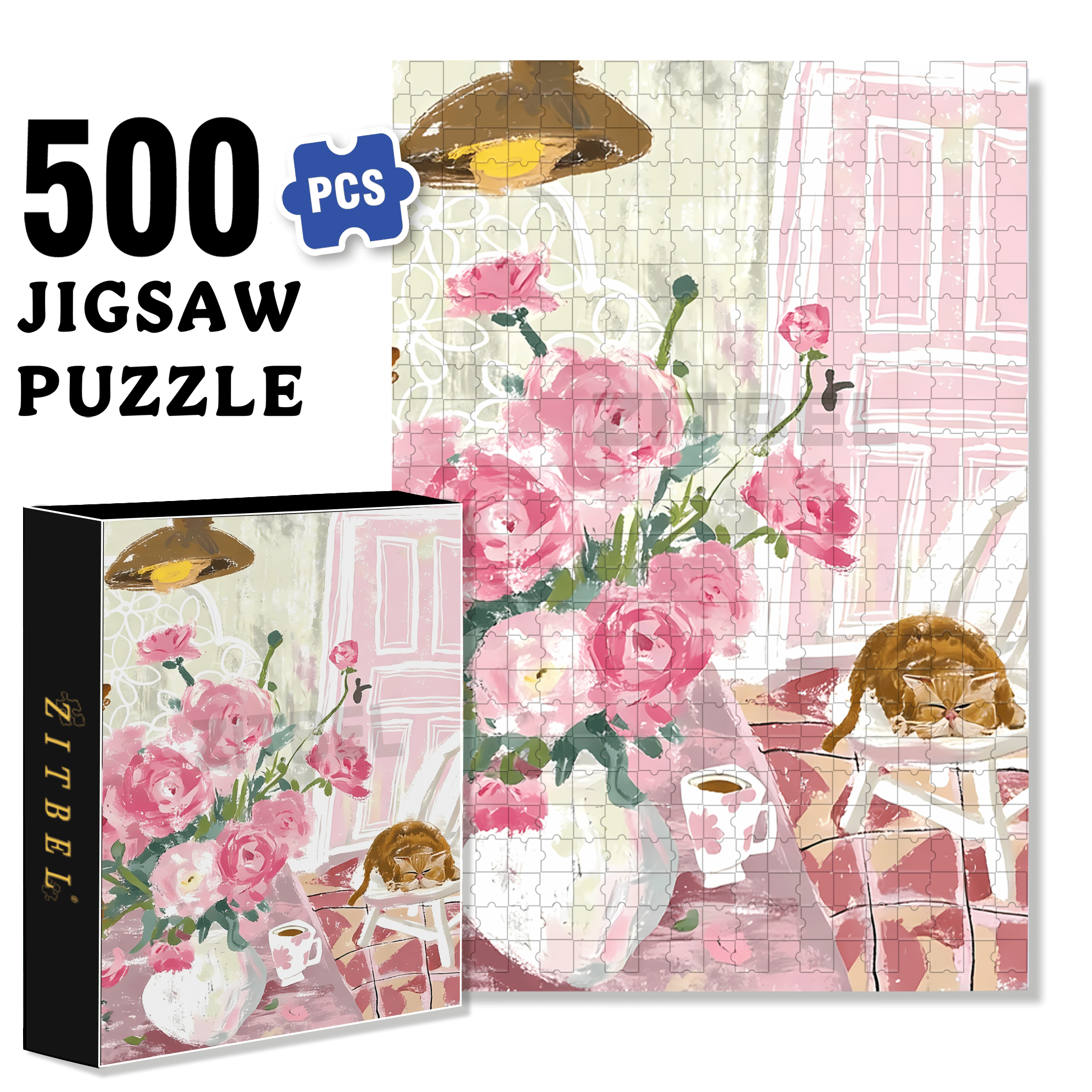 Flowers and Cats 2 500pcs/1000pcs Jigsaw Puzzle, Scratch-Resistant, Interactive Family Game & Brain-Boosting DIY Decor, Perfect for Halloween, Christmas & New Year Gifts, Family Puzzle Game