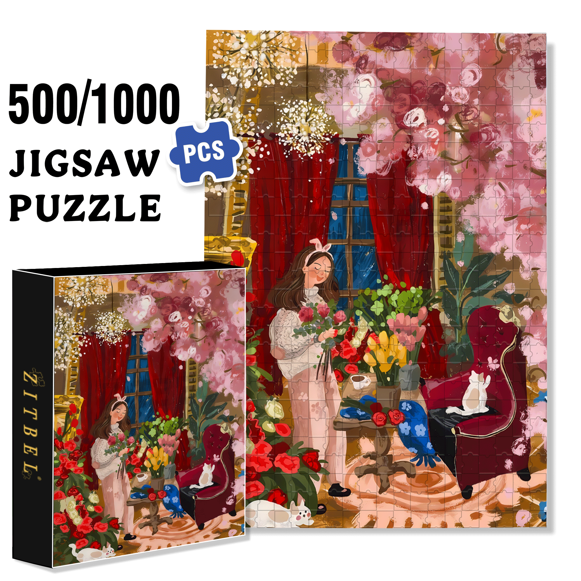 Flowers and Girls 500pcs/1000pcs Jigsaw Puzzle, Scratch-Resistant, Interactive Family Game & Brain-Boosting DIY Decor, Perfect for Halloween, Christmas & New Year Gifts, Family Puzzle Game