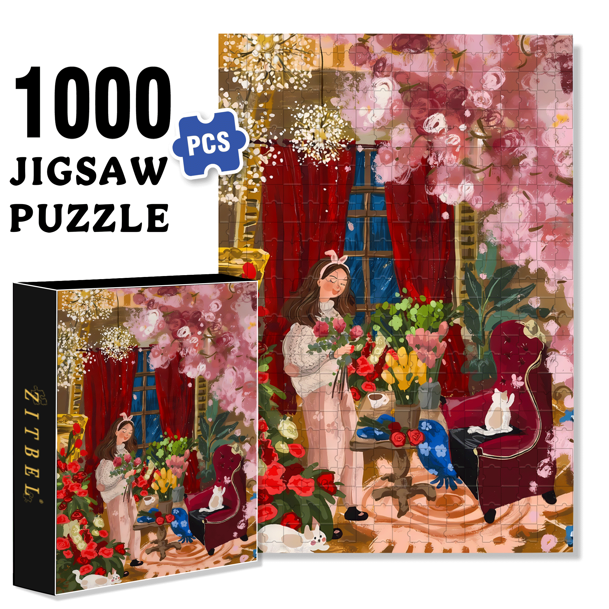 Flowers and Girls 500pcs/1000pcs Jigsaw Puzzle, Scratch-Resistant, Interactive Family Game & Brain-Boosting DIY Decor, Perfect for Halloween, Christmas & New Year Gifts, Family Puzzle Game