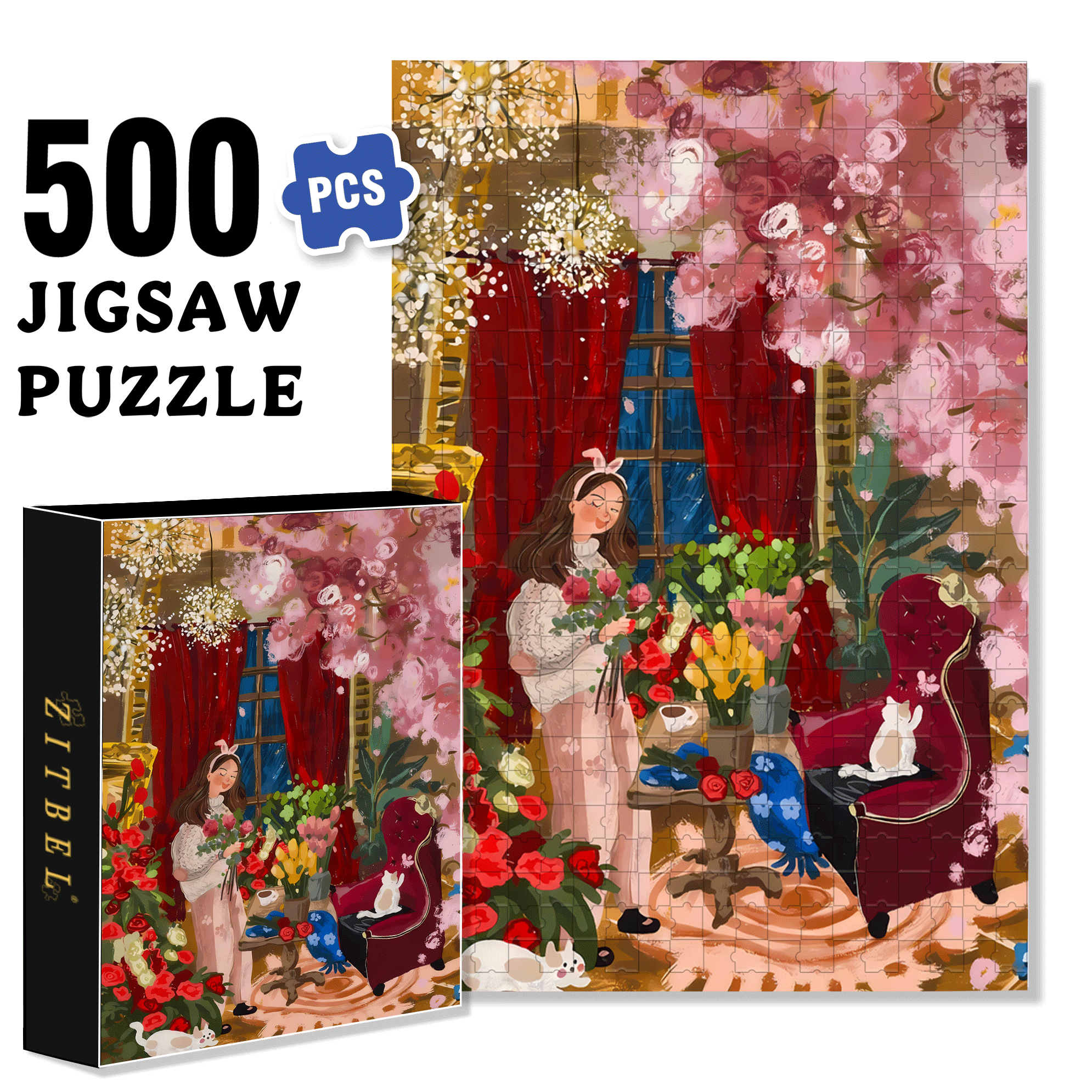 Flowers and Girls 500pcs/1000pcs Jigsaw Puzzle, Scratch-Resistant, Interactive Family Game & Brain-Boosting DIY Decor, Perfect for Halloween, Christmas & New Year Gifts, Family Puzzle Game