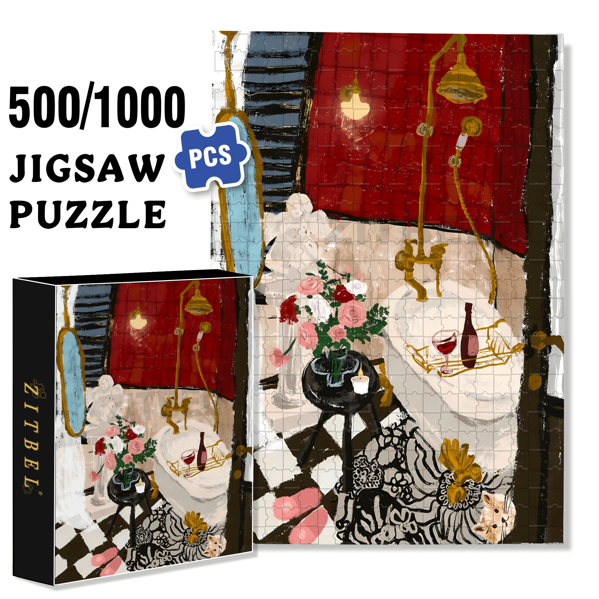 French Retro Bathroom 500pcs/1000pcs Jigsaw Puzzle, Scratch-Resistant, Interactive Family Game & Brain-Boosting DIY Decor, Perfect for Halloween, Christmas & New Year Gifts, Family Puzzle Game