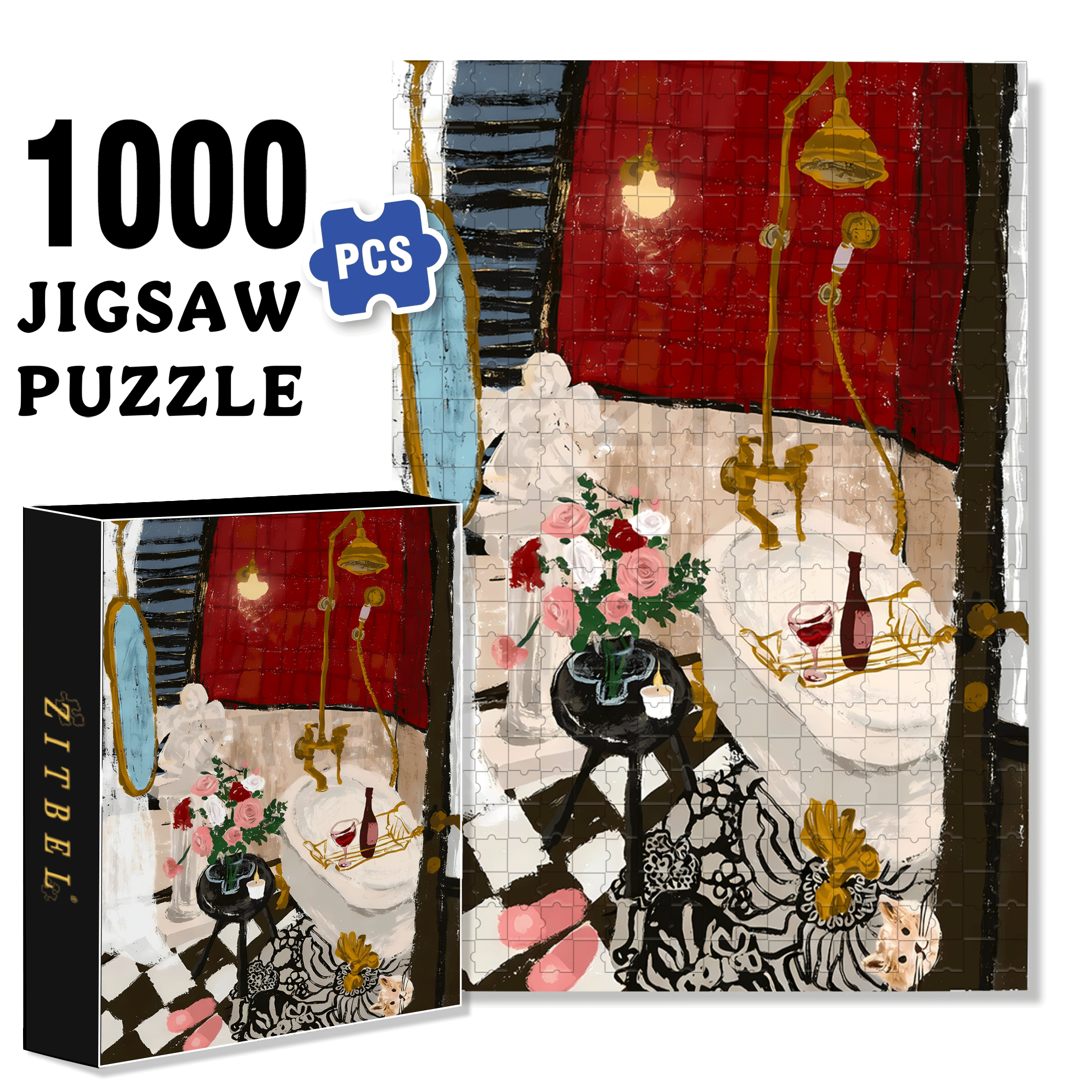 French Retro Bathroom 500pcs/1000pcs Jigsaw Puzzle, Scratch-Resistant, Interactive Family Game & Brain-Boosting DIY Decor, Perfect for Halloween, Christmas & New Year Gifts, Family Puzzle Game