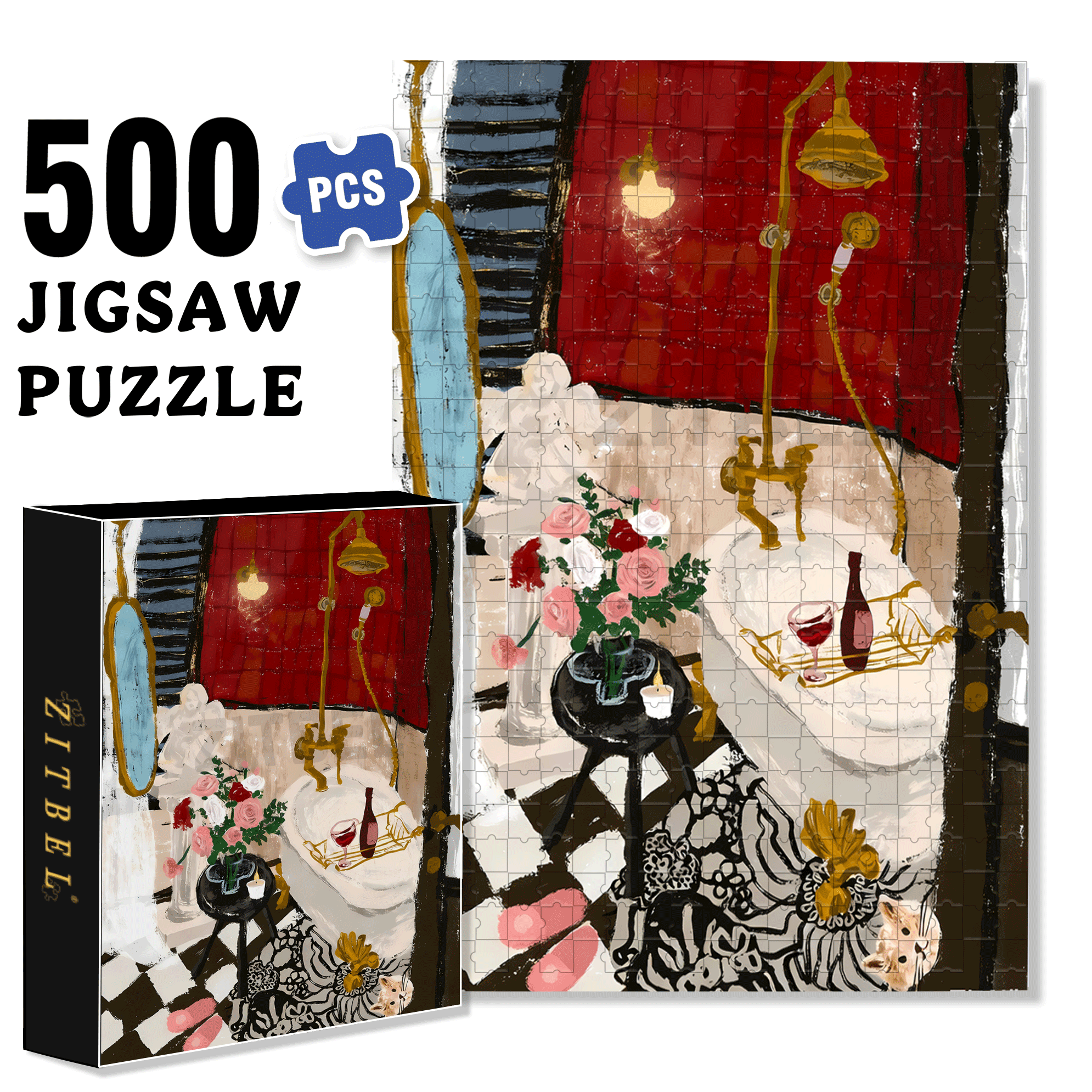 French Retro Bathroom 500pcs/1000pcs Jigsaw Puzzle, Scratch-Resistant, Interactive Family Game & Brain-Boosting DIY Decor, Perfect for Halloween, Christmas & New Year Gifts, Family Puzzle Game