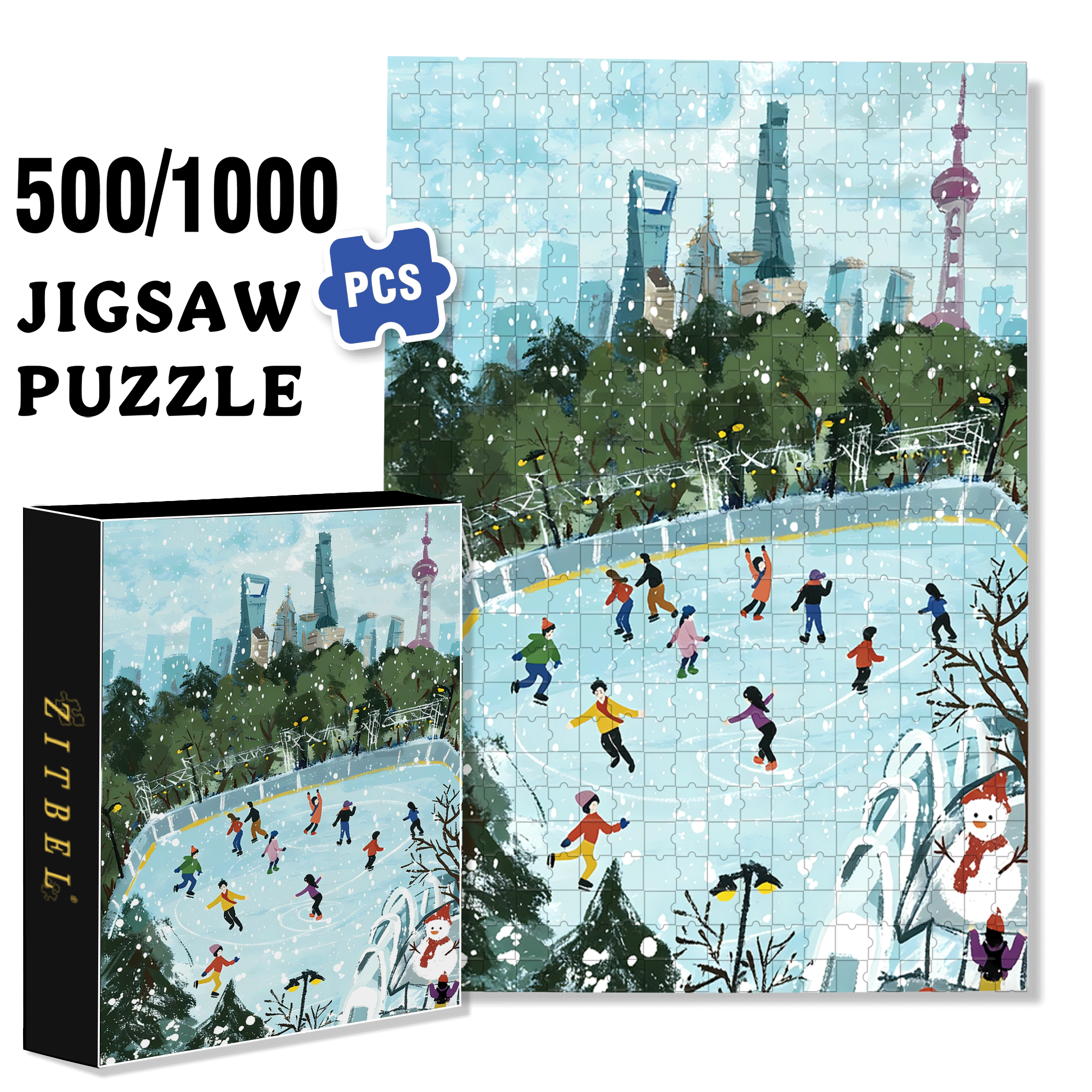 Happy Skating Rink 500pcs/1000pcs Jigsaw Puzzle, Scratch-Resistant, Interactive Family Game & Brain-Boosting DIY Decor, Perfect for Halloween, Christmas & New Year Gifts, Family Puzzle Game