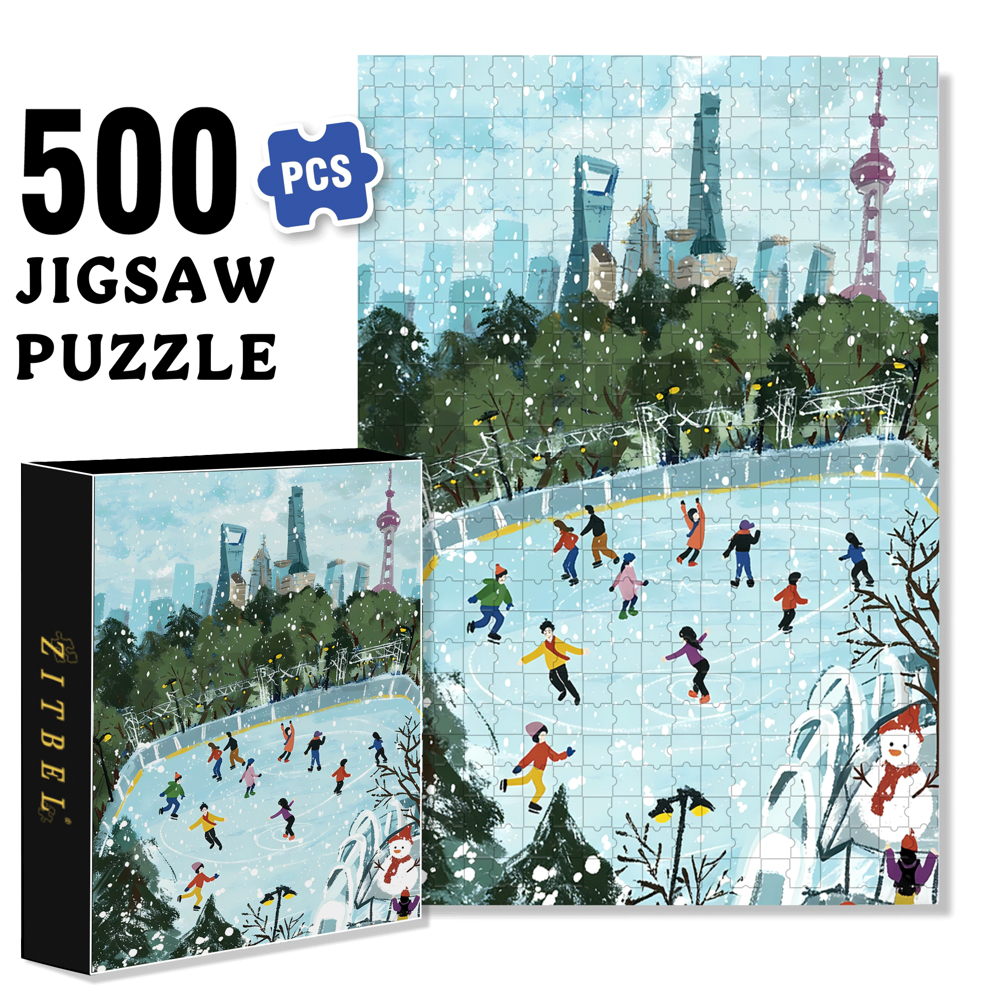 Happy Skating Rink 500pcs/1000pcs Jigsaw Puzzle, Scratch-Resistant, Interactive Family Game & Brain-Boosting DIY Decor, Perfect for Halloween, Christmas & New Year Gifts, Family Puzzle Game