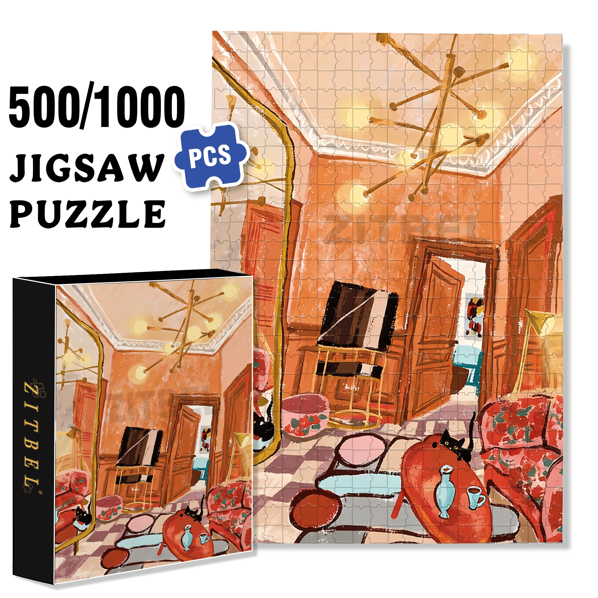 Orange Room 500pcs/1000pcs Jigsaw Puzzle, Scratch-Resistant, Interactive Family Game & Brain-Boosting DIY Decor, Perfect for Halloween, Christmas & New Year Gifts, Family Puzzle Game