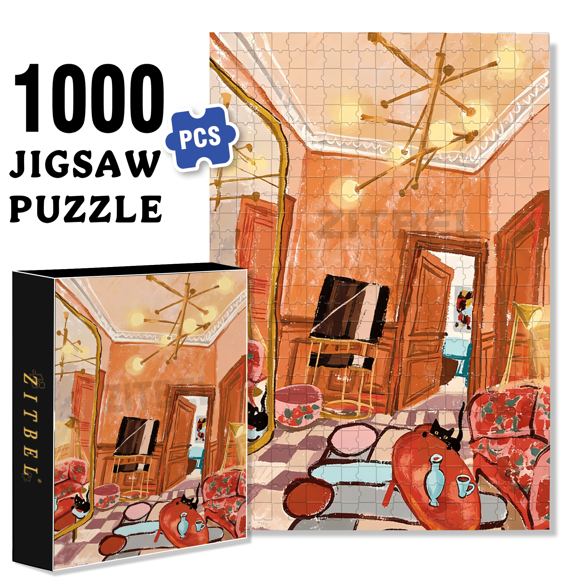 Orange Room 500pcs/1000pcs Jigsaw Puzzle, Scratch-Resistant, Interactive Family Game & Brain-Boosting DIY Decor, Perfect for Halloween, Christmas & New Year Gifts, Family Puzzle Game