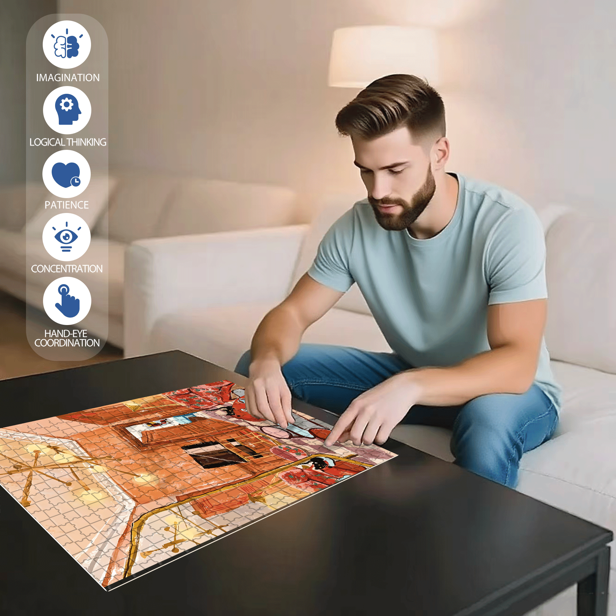 Orange Room 500pcs/1000pcs Jigsaw Puzzle, Scratch-Resistant, Interactive Family Game & Brain-Boosting DIY Decor, Perfect for Halloween, Christmas & New Year Gifts, Family Puzzle Game