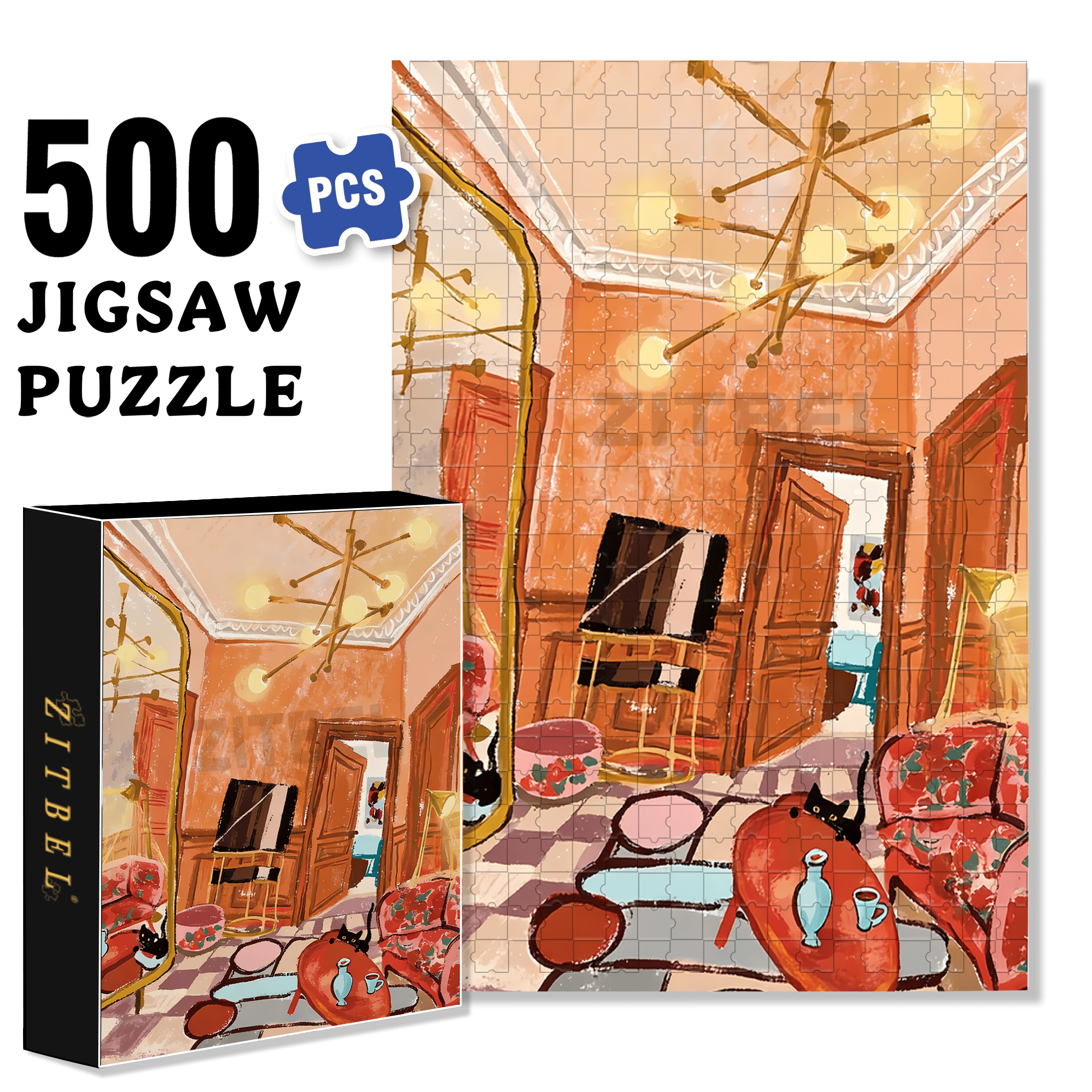 Orange Room 500pcs/1000pcs Jigsaw Puzzle, Scratch-Resistant, Interactive Family Game & Brain-Boosting DIY Decor, Perfect for Halloween, Christmas & New Year Gifts, Family Puzzle Game
