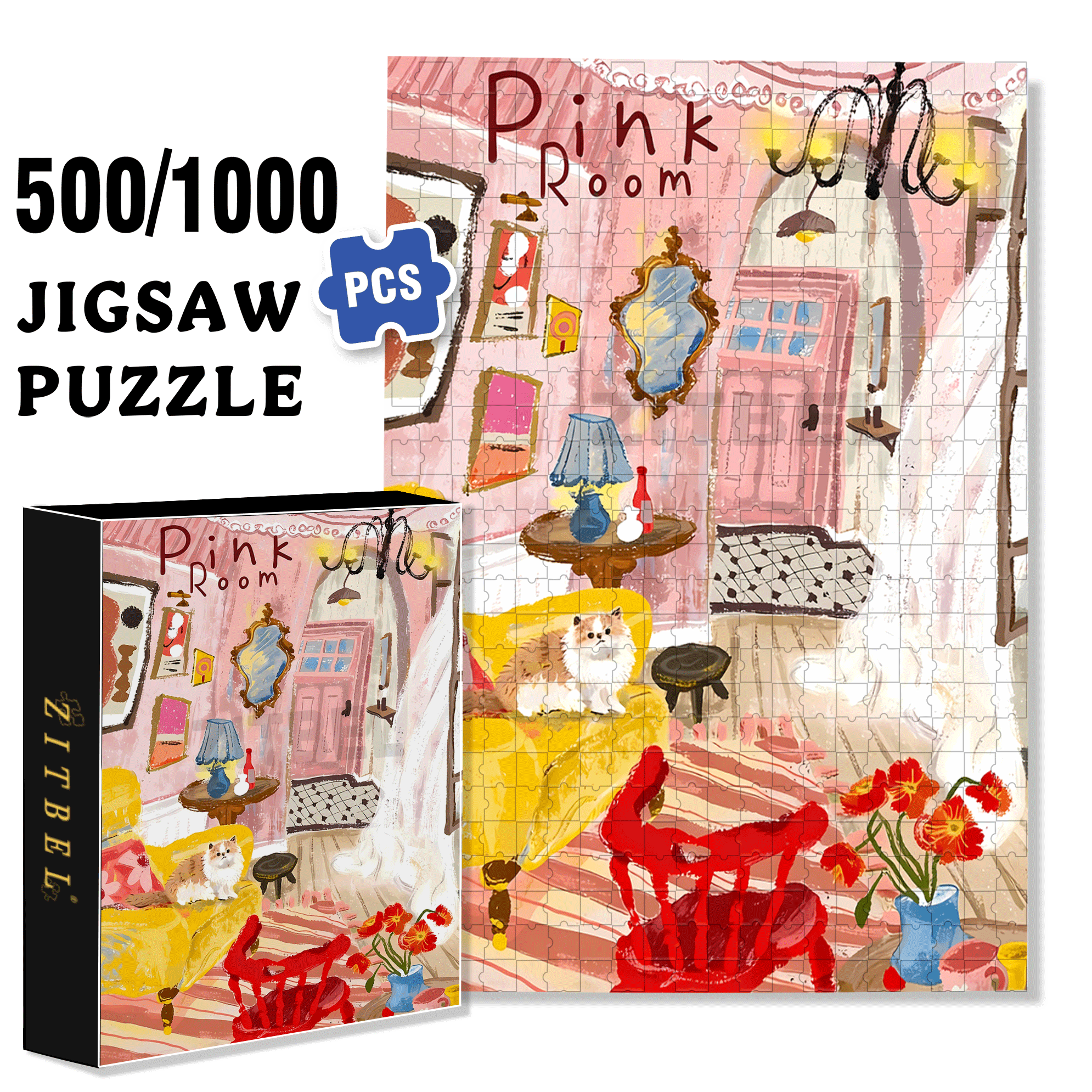 Pink Room 500pcs/1000pcs Jigsaw Puzzle, Scratch-Resistant, Interactive Family Game & Brain-Boosting DIY Decor, Perfect for Halloween, Christmas & New Year Gifts, Family Puzzle Game