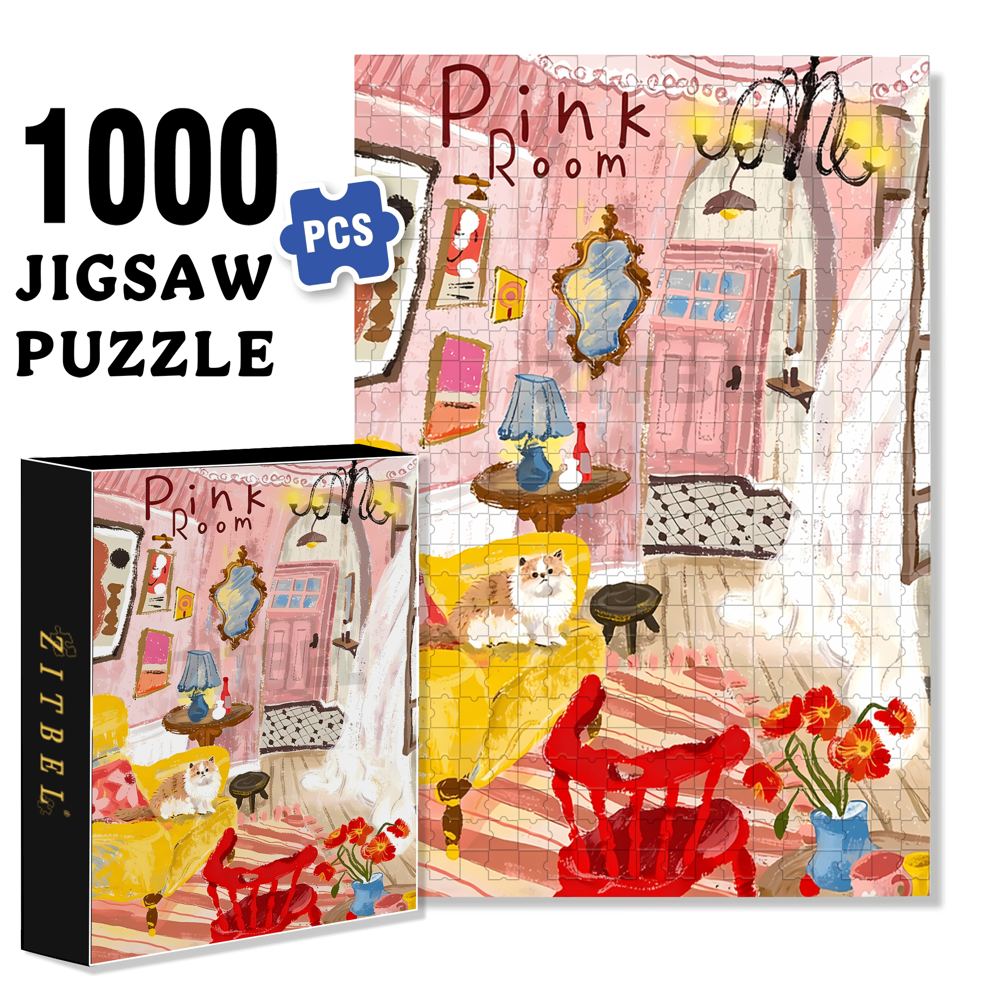 Pink Room 500pcs/1000pcs Jigsaw Puzzle, Scratch-Resistant, Interactive Family Game & Brain-Boosting DIY Decor, Perfect for Halloween, Christmas & New Year Gifts, Family Puzzle Game