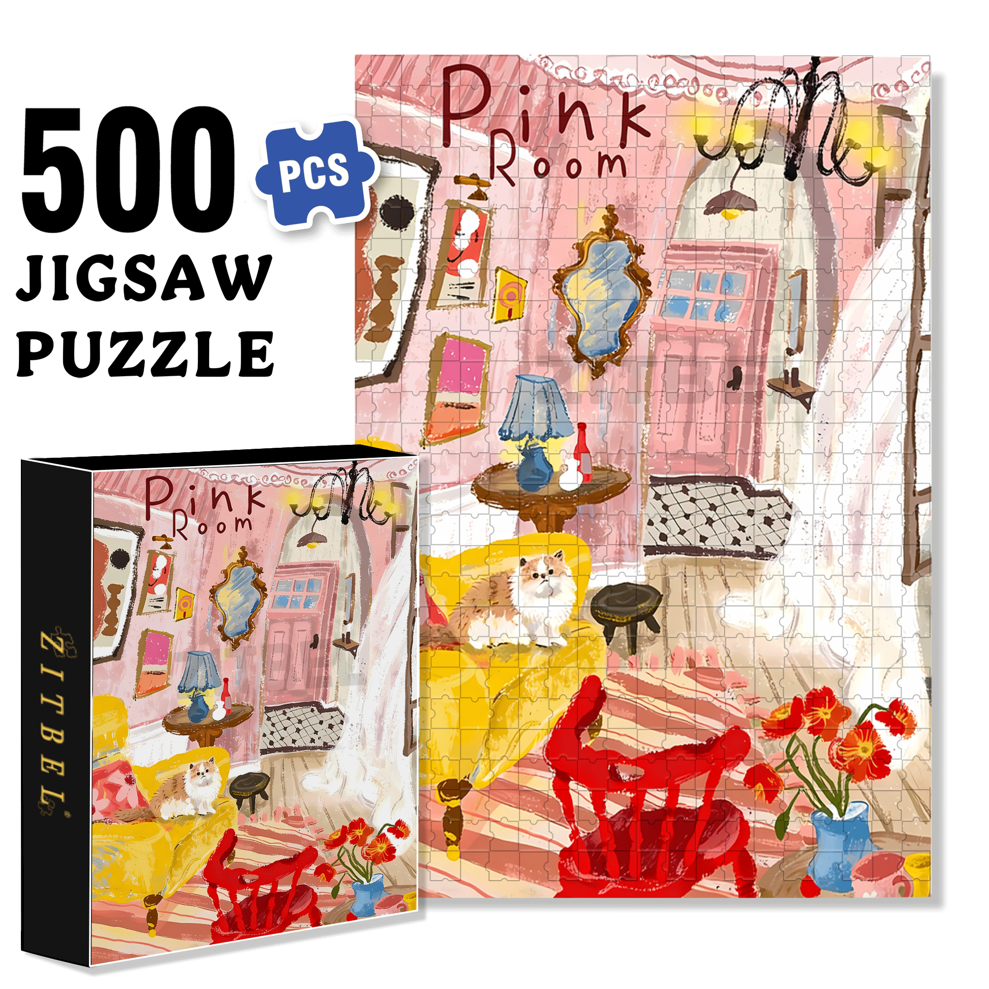 Pink Room 500pcs/1000pcs Jigsaw Puzzle, Scratch-Resistant, Interactive Family Game & Brain-Boosting DIY Decor, Perfect for Halloween, Christmas & New Year Gifts, Family Puzzle Game