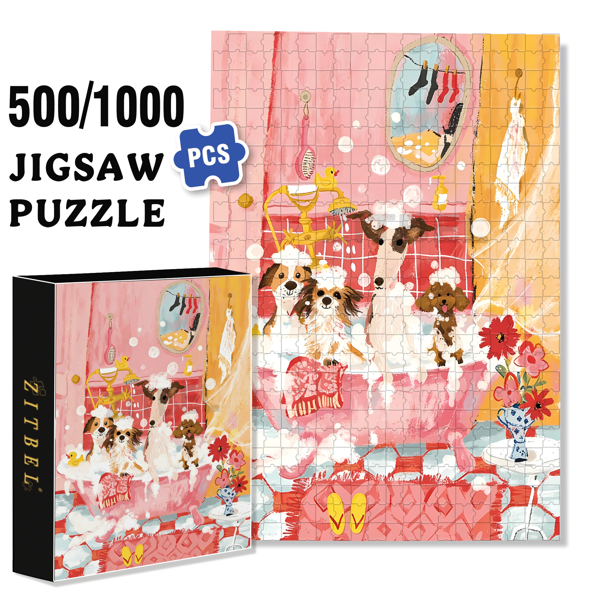 Bathroom Dog Party 500pcs/1000pcs Jigsaw Puzzle, Scratch-Resistant, Interactive Family Game & Brain-Boosting DIY Decor, Perfect for Halloween, Christmas & New Year Gifts, Family Puzzle Game