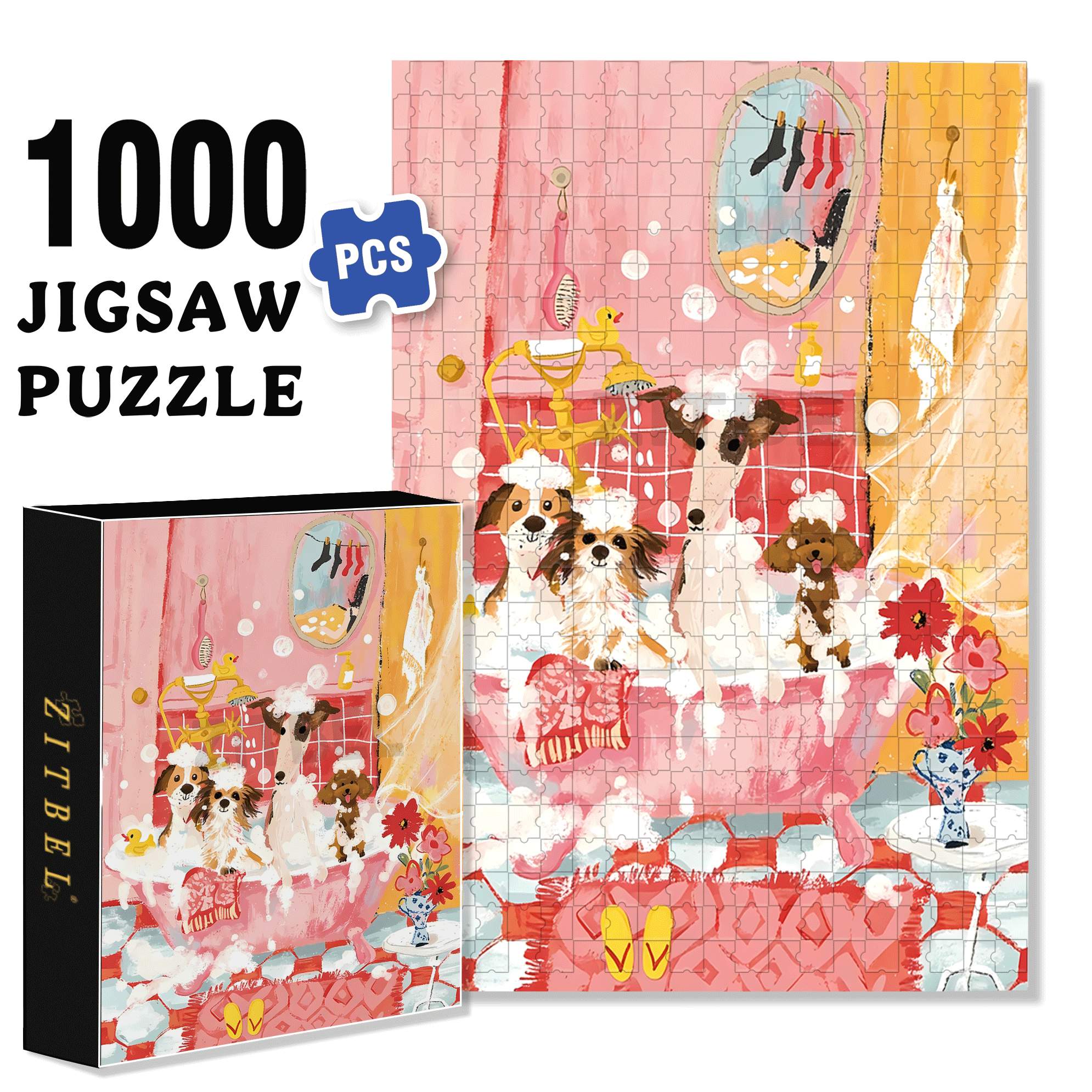 Bathroom Dog Party 500pcs/1000pcs Jigsaw Puzzle, Scratch-Resistant, Interactive Family Game & Brain-Boosting DIY Decor, Perfect for Halloween, Christmas & New Year Gifts, Family Puzzle Game