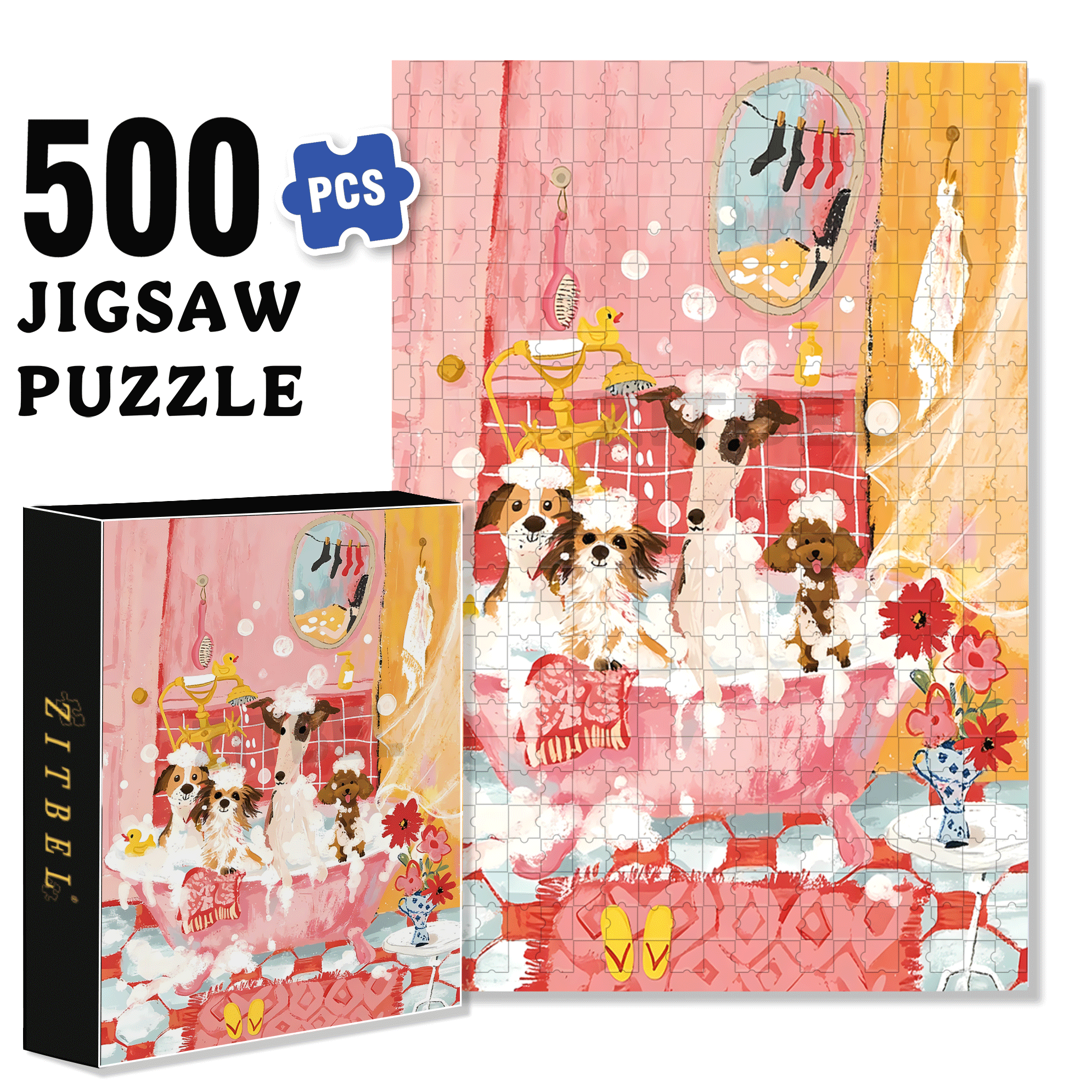 Bathroom Dog Party 500pcs/1000pcs Jigsaw Puzzle, Scratch-Resistant, Interactive Family Game & Brain-Boosting DIY Decor, Perfect for Halloween, Christmas & New Year Gifts, Family Puzzle Game