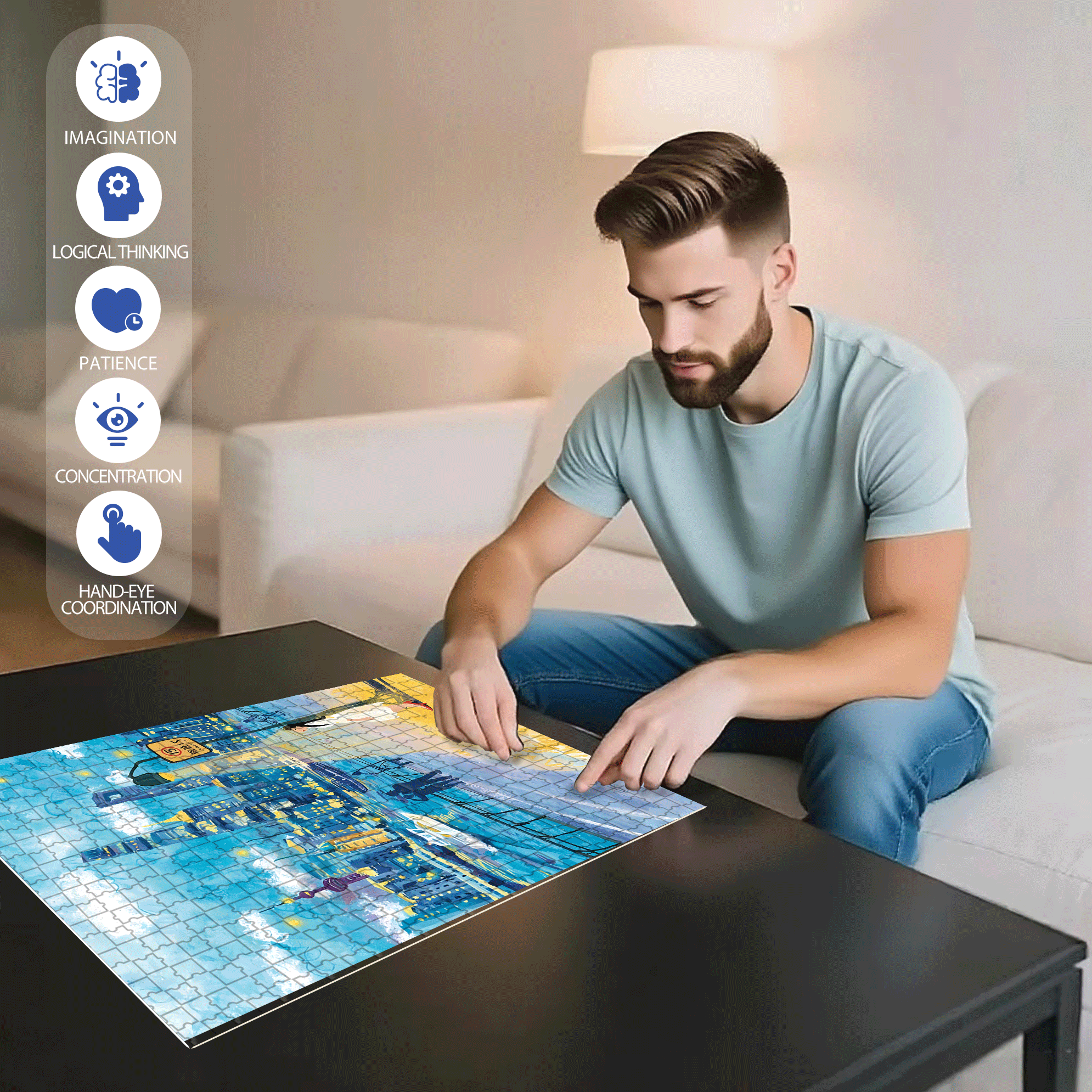 Blue Moment 500pcs/1000pcs Jigsaw Puzzle, Scratch-Resistant, Interactive Family Game & Brain-Boosting DIY Decor, Perfect for Halloween, Christmas & New Year Gifts, Family Puzzle Game