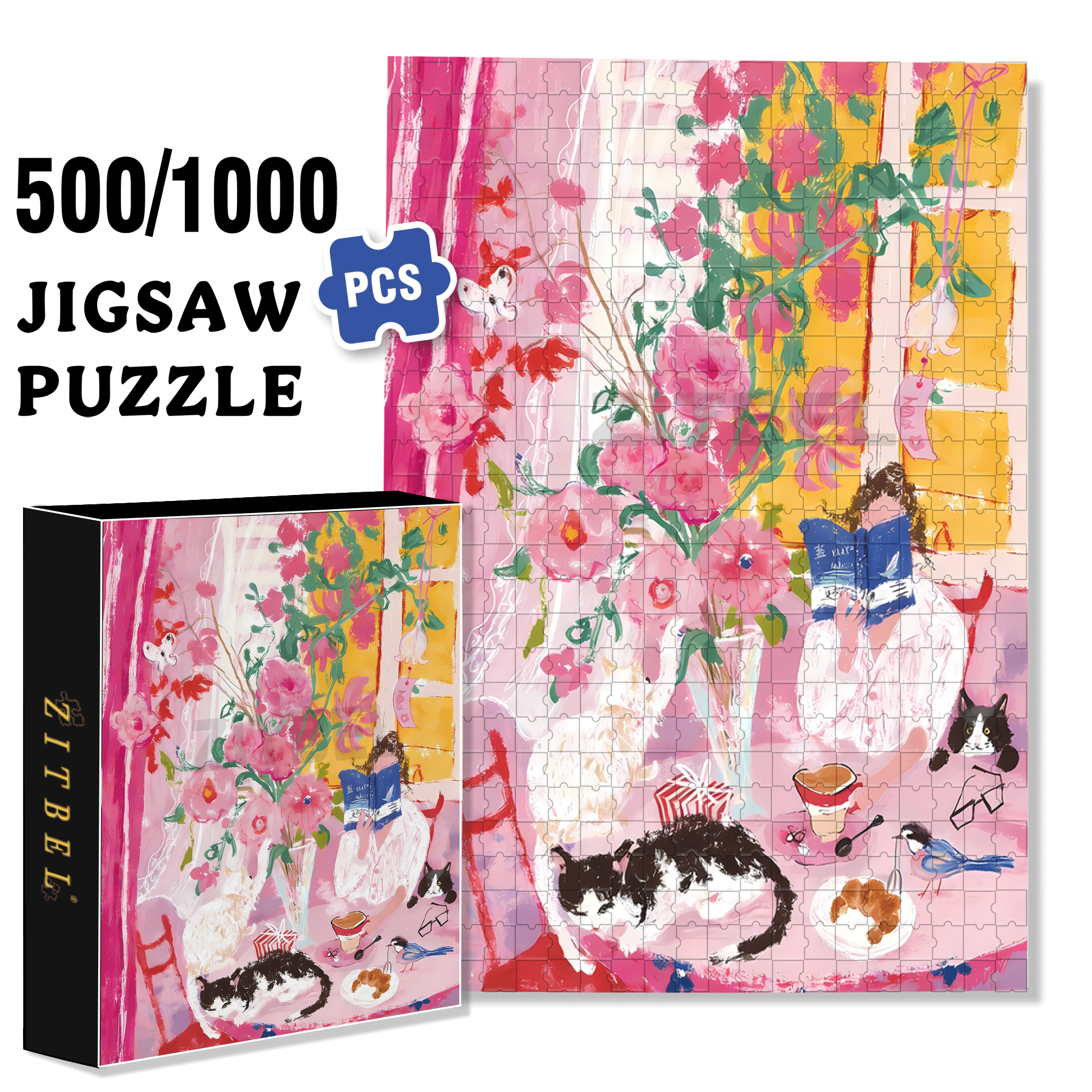Cat's Summer Afternoon 500pcs/1000pcs Jigsaw Puzzle, Scratch-Resistant, Interactive Family Game & Brain-Boosting DIY Decor, Perfect for Halloween, Christmas & New Year Gifts, Family Puzzle Game
