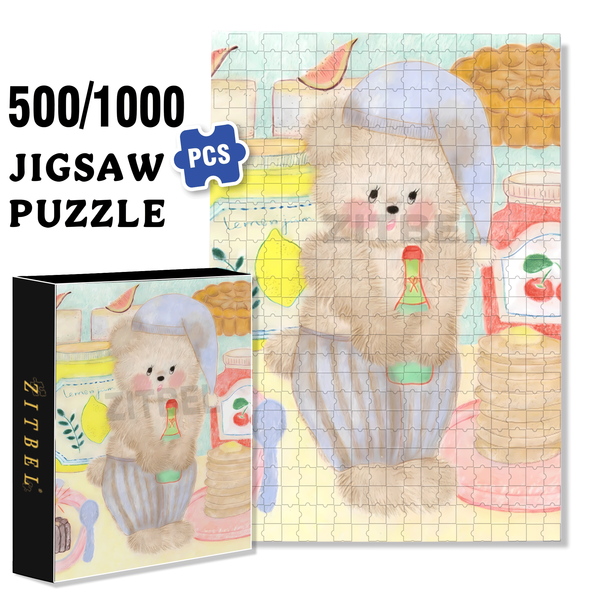 Champagne Bear 500pcs/1000pcs Jigsaw Puzzle, Scratch-Resistant, Interactive Family Game & Brain-Boosting DIY Decor, Perfect for Halloween, Christmas & New Year Gifts, Family Puzzle Game