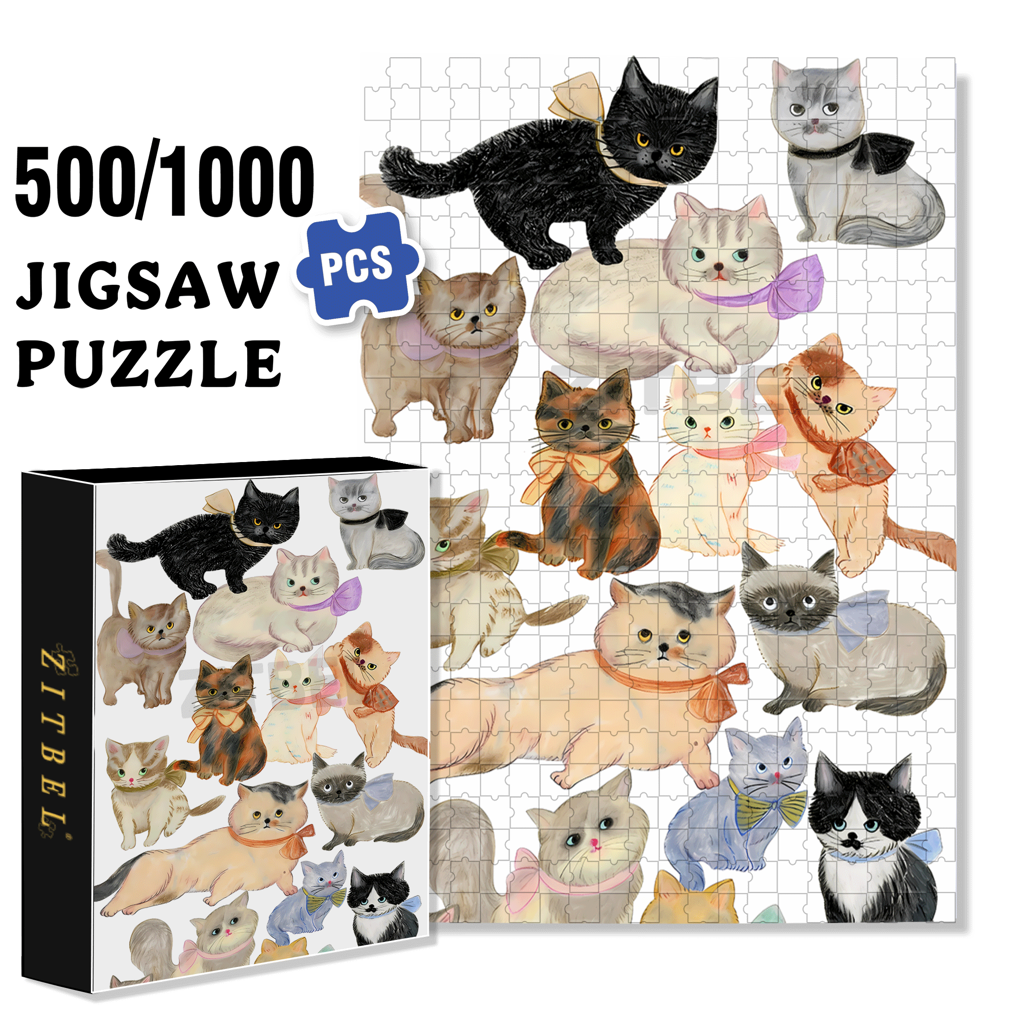 Doodle Cats 500pcs/1000pcs Jigsaw Puzzle, Scratch-Resistant, Interactive Family Game & Brain-Boosting DIY Decor, Perfect for Halloween, Christmas & New Year Gifts, Family Puzzle Game