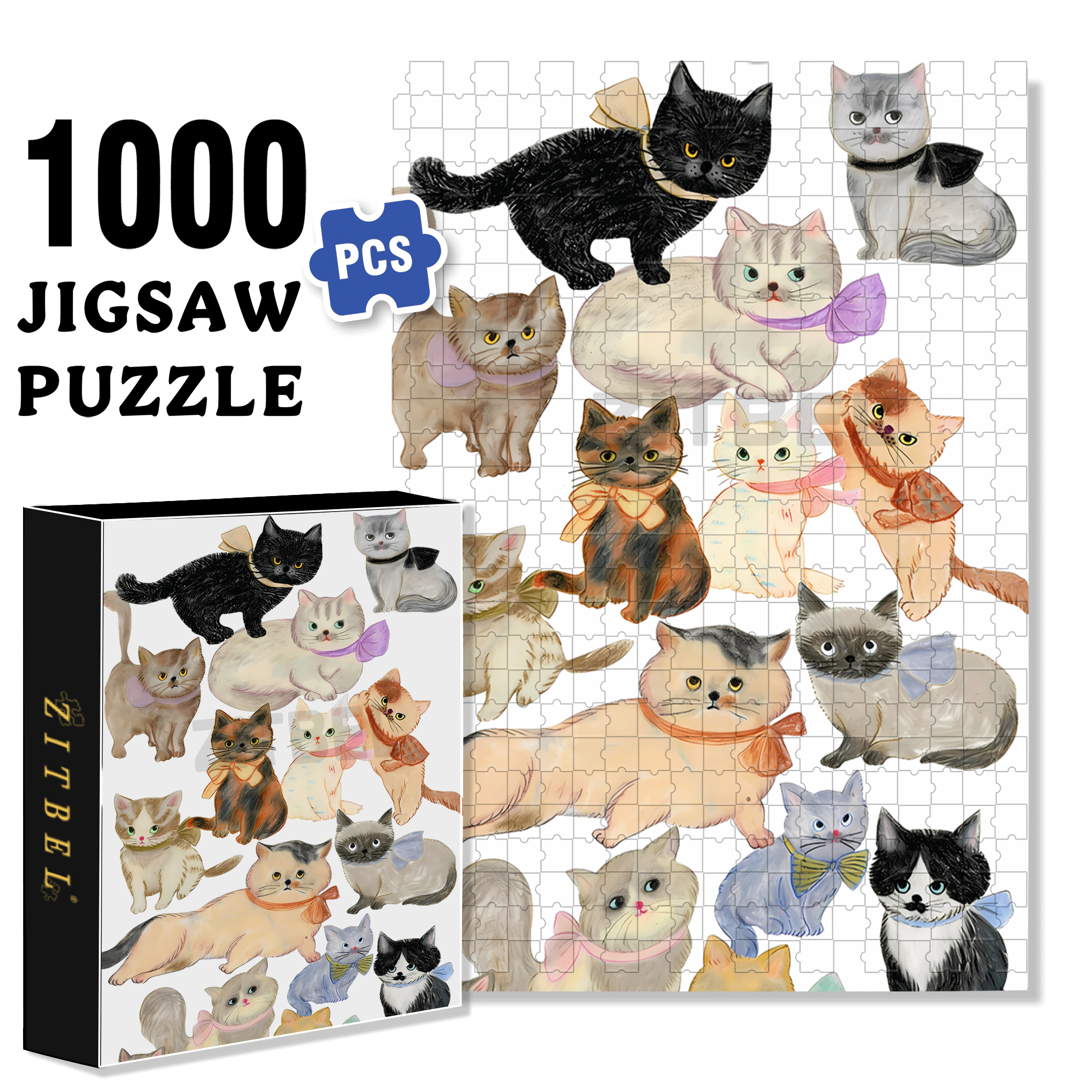 Doodle Cats 500pcs/1000pcs Jigsaw Puzzle, Scratch-Resistant, Interactive Family Game & Brain-Boosting DIY Decor, Perfect for Halloween, Christmas & New Year Gifts, Family Puzzle Game