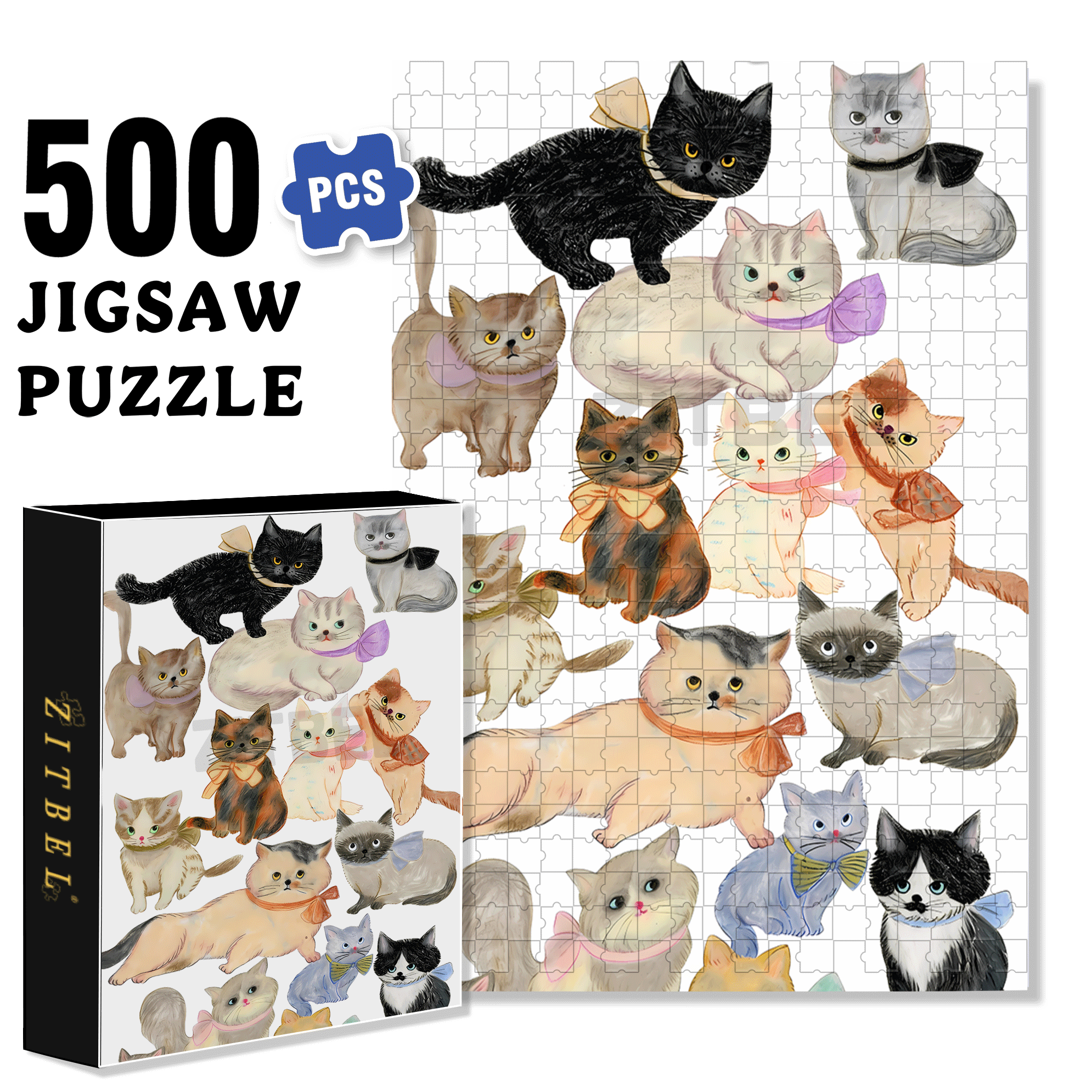 Doodle Cats 500pcs/1000pcs Jigsaw Puzzle, Scratch-Resistant, Interactive Family Game & Brain-Boosting DIY Decor, Perfect for Halloween, Christmas & New Year Gifts, Family Puzzle Game