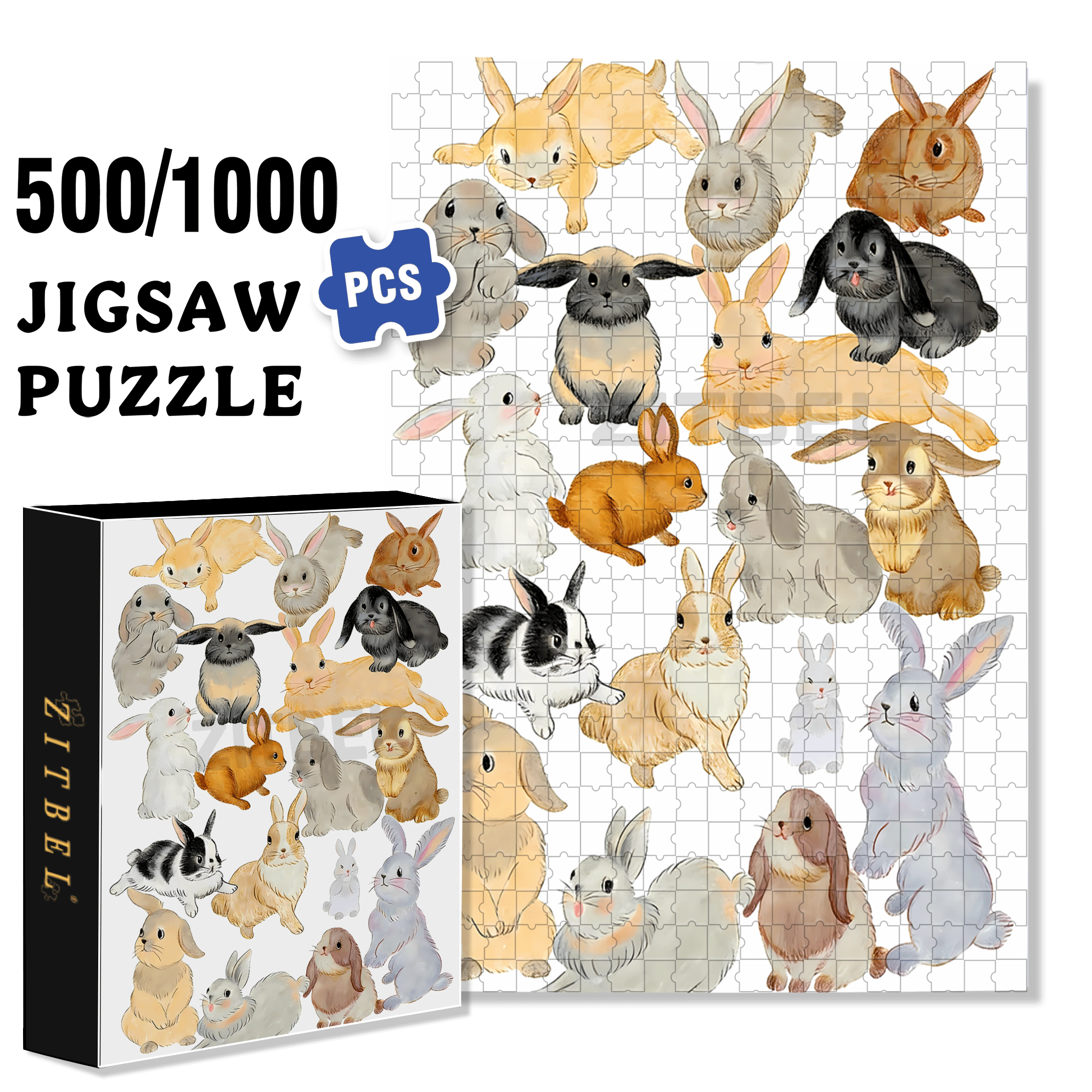 Doodle Rabbits 500pcs/1000pcs Jigsaw Puzzle, Scratch-Resistant, Interactive Family Game & Brain-Boosting DIY Decor, Perfect for Halloween, Christmas & New Year Gifts, Family Puzzle Game