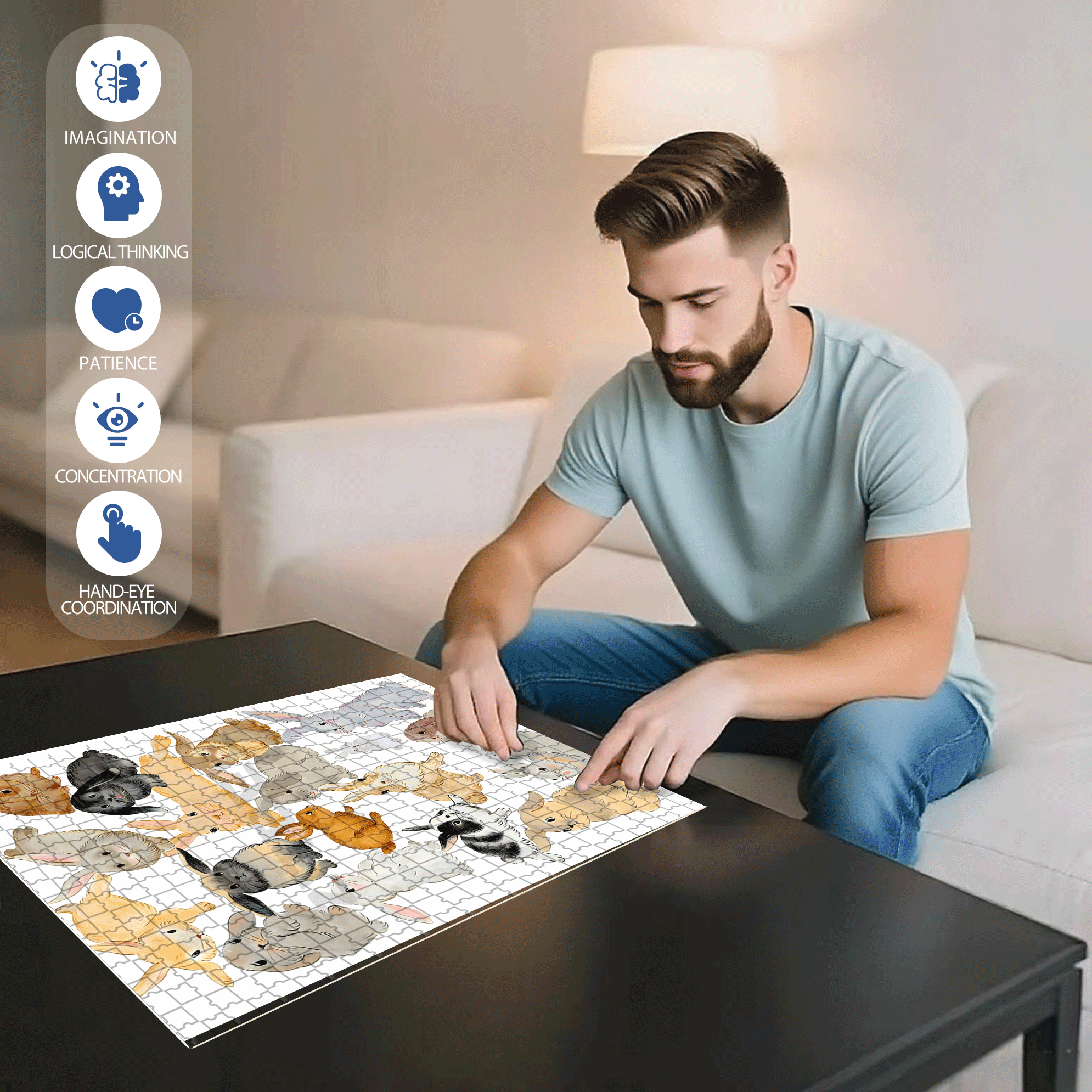 Doodle Rabbits 500pcs/1000pcs Jigsaw Puzzle, Scratch-Resistant, Interactive Family Game & Brain-Boosting DIY Decor, Perfect for Halloween, Christmas & New Year Gifts, Family Puzzle Game