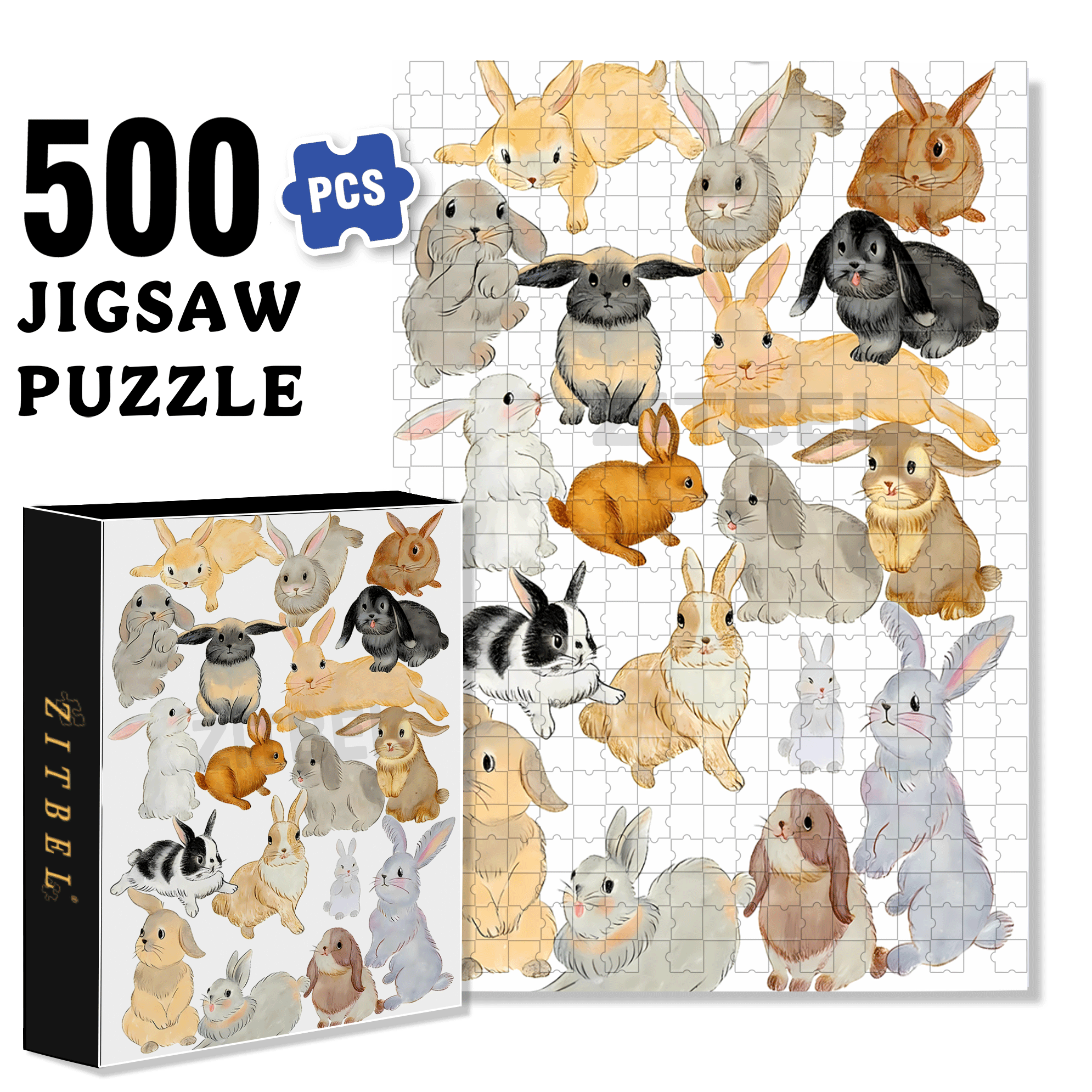 Doodle Rabbits 500pcs/1000pcs Jigsaw Puzzle, Scratch-Resistant, Interactive Family Game & Brain-Boosting DIY Decor, Perfect for Halloween, Christmas & New Year Gifts, Family Puzzle Game