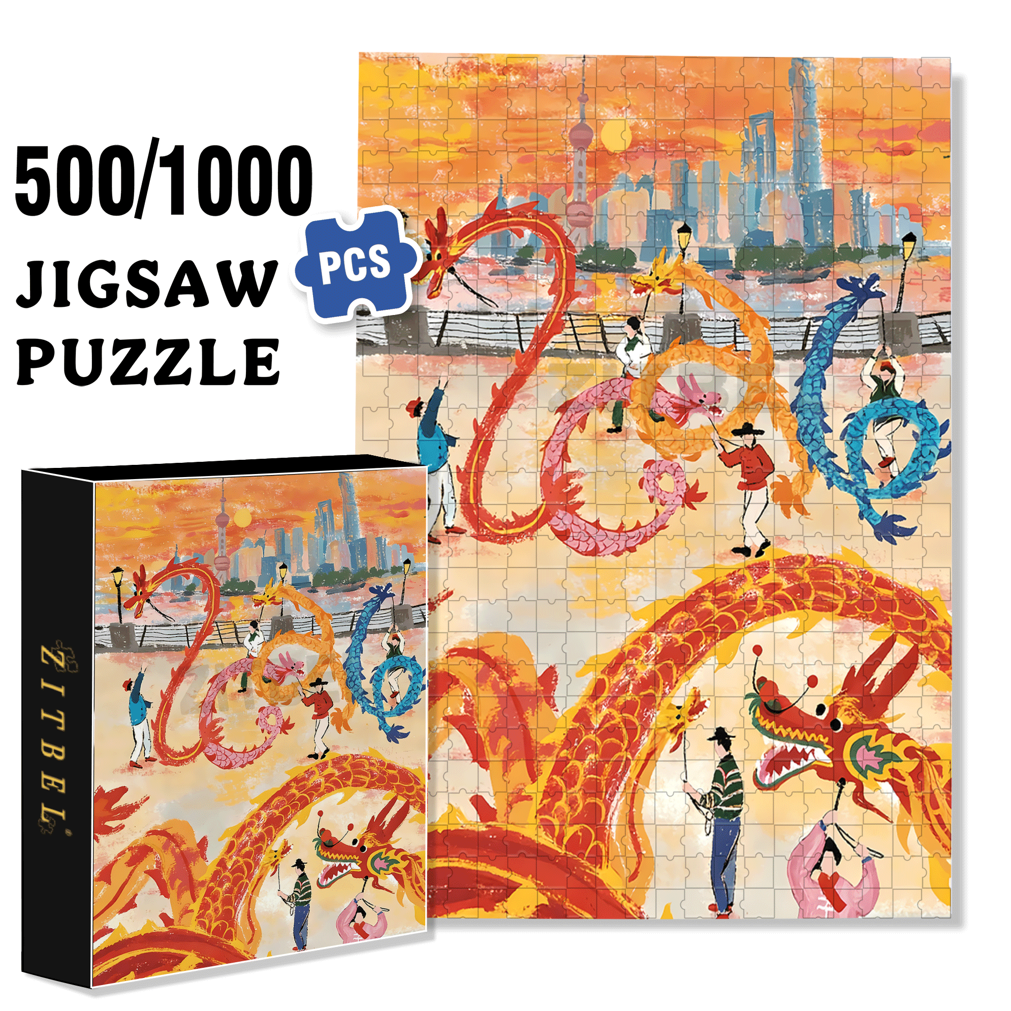 Dragon Dance Festival 500pcs/1000pcs Jigsaw Puzzle, Scratch-Resistant, Interactive Family Game & Brain-Boosting DIY Decor, Perfect for Halloween, Christmas & New Year Gifts, Family Puzzle Game