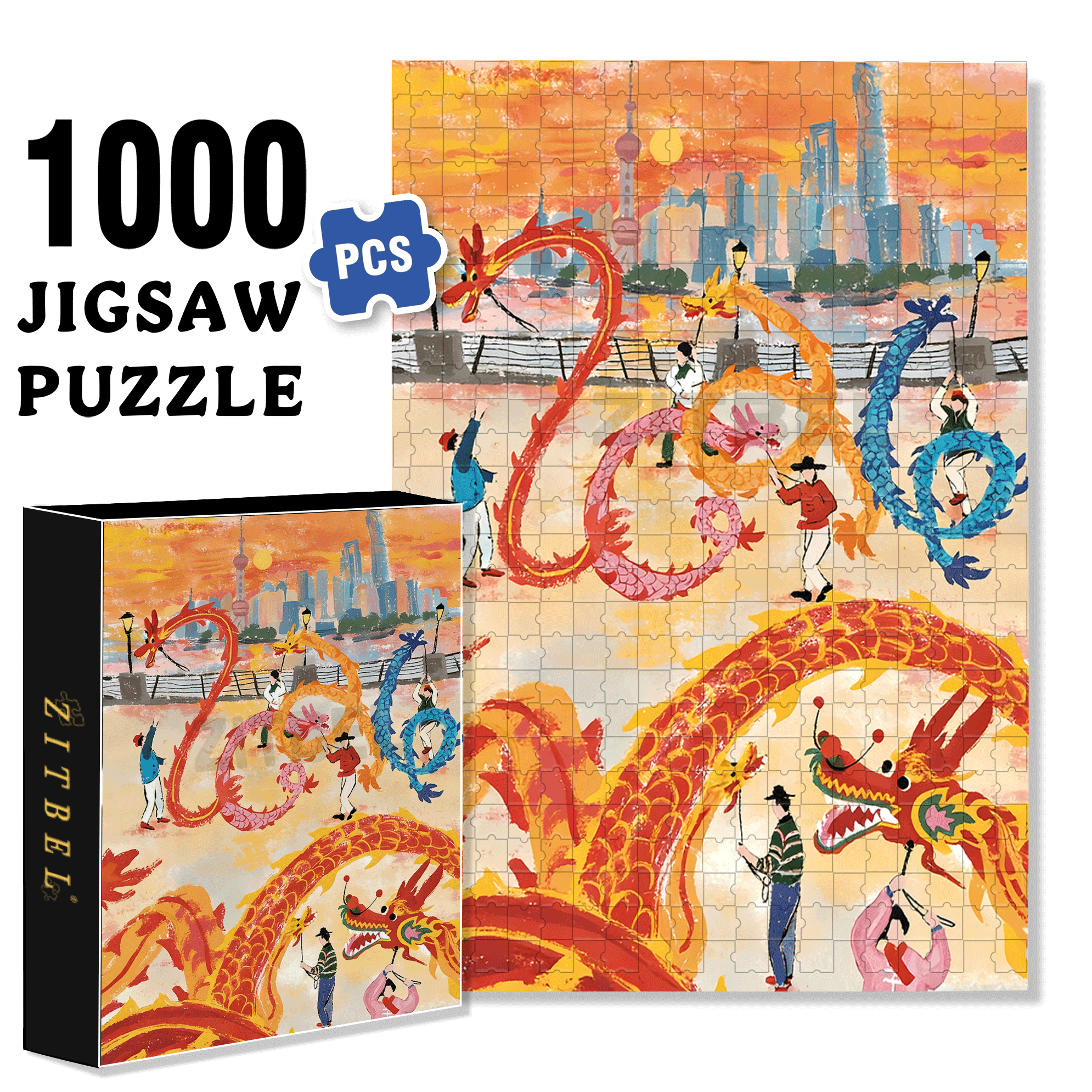Dragon Dance Festival 500pcs/1000pcs Jigsaw Puzzle, Scratch-Resistant, Interactive Family Game & Brain-Boosting DIY Decor, Perfect for Halloween, Christmas & New Year Gifts, Family Puzzle Game