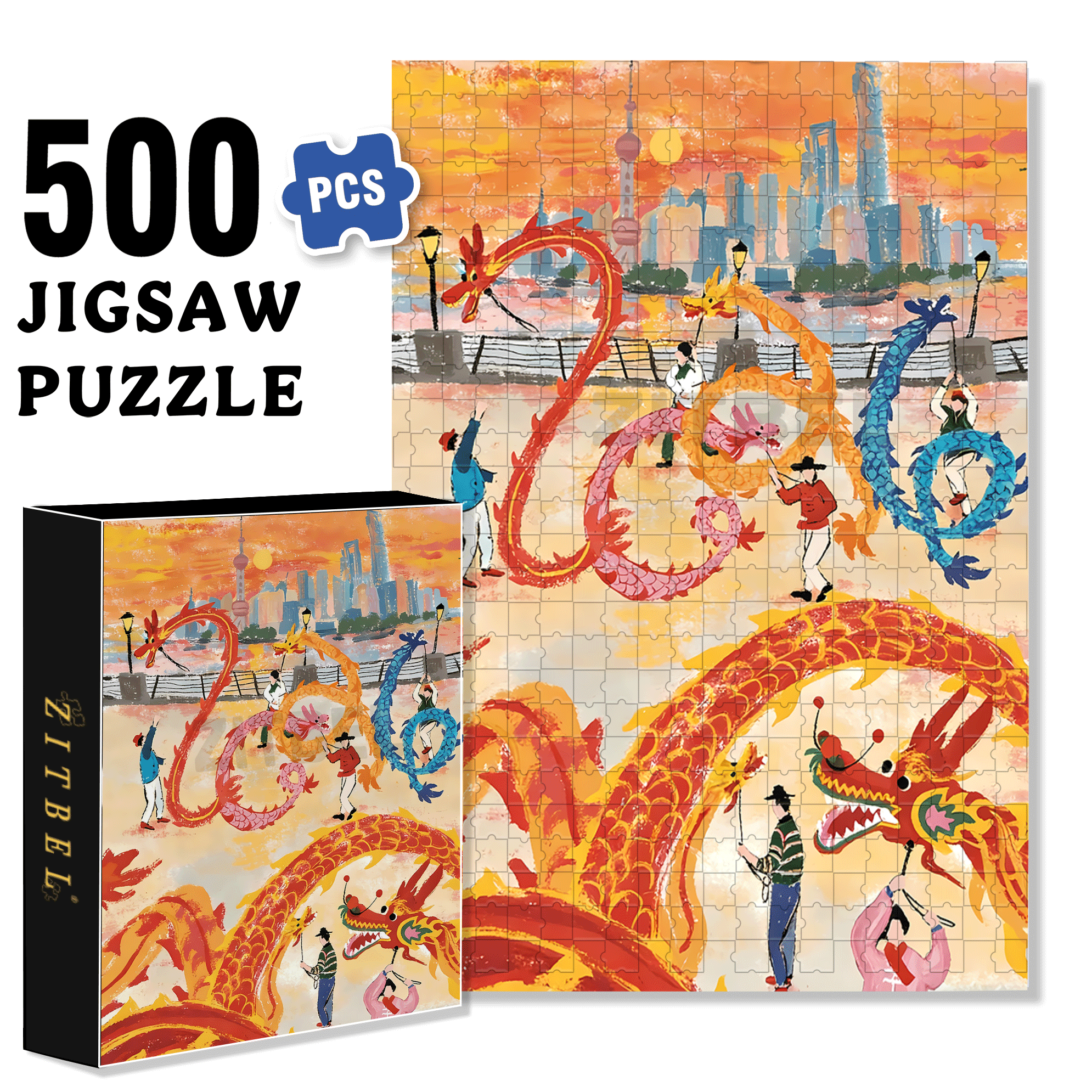 Dragon Dance Festival 500pcs/1000pcs Jigsaw Puzzle, Scratch-Resistant, Interactive Family Game & Brain-Boosting DIY Decor, Perfect for Halloween, Christmas & New Year Gifts, Family Puzzle Game