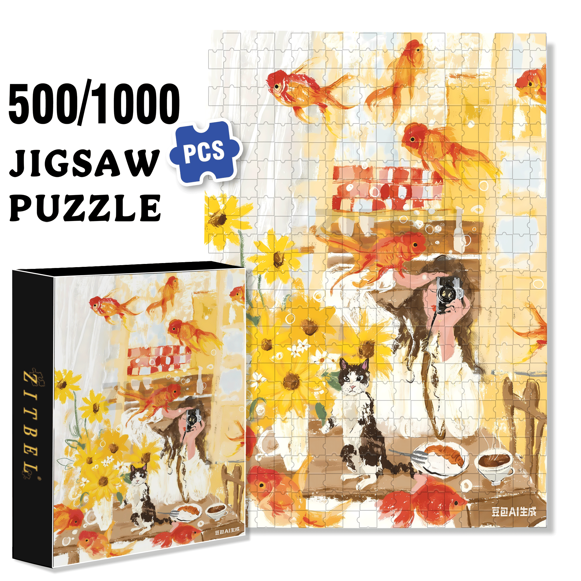 Goldfish Life 500pcs/1000pcs Jigsaw Puzzle, Scratch-Resistant, Interactive Family Game & Brain-Boosting DIY Decor, Perfect for Halloween, Christmas & New Year Gifts, Family Puzzle Game
