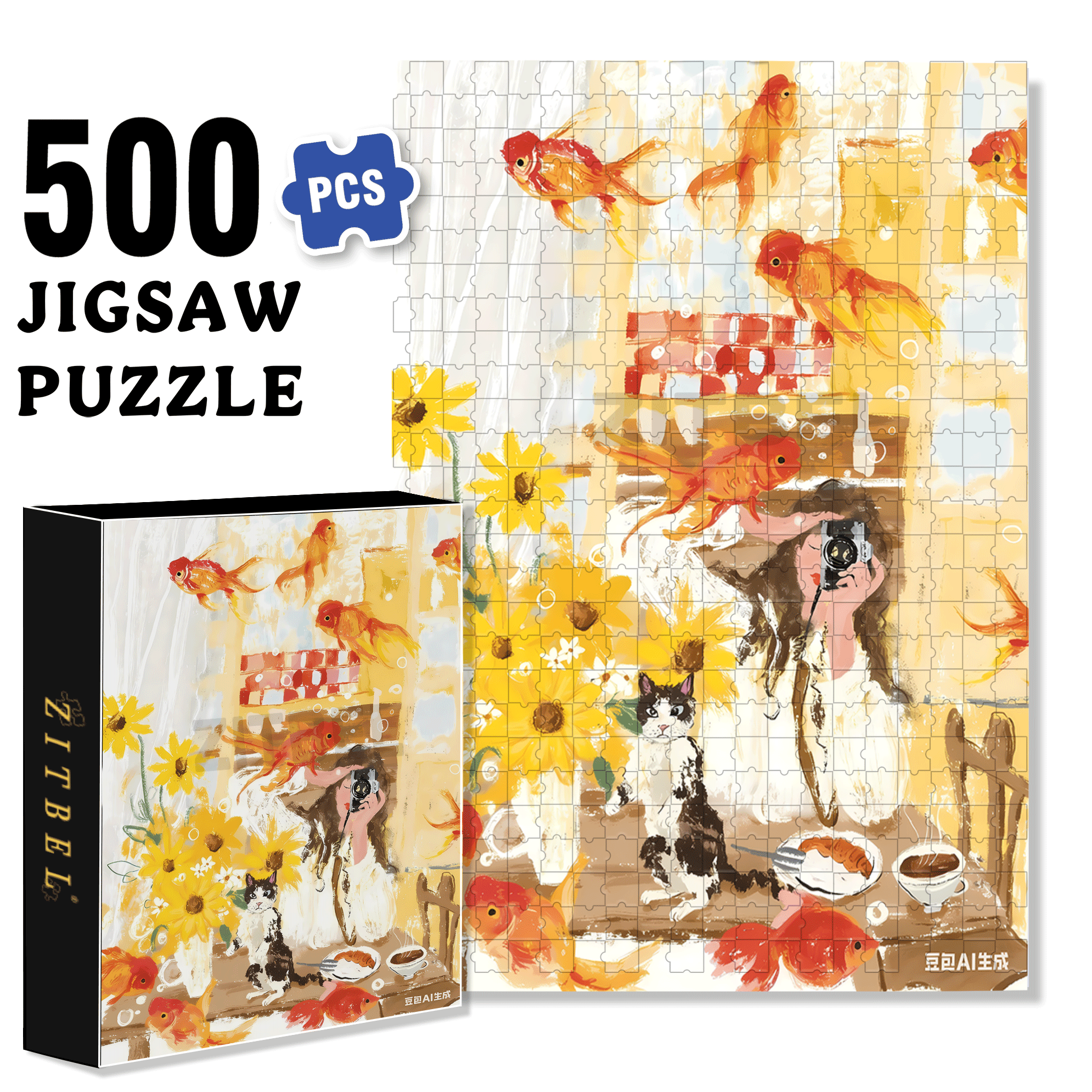 Goldfish Life 500pcs/1000pcs Jigsaw Puzzle, Scratch-Resistant, Interactive Family Game & Brain-Boosting DIY Decor, Perfect for Halloween, Christmas & New Year Gifts, Family Puzzle Game