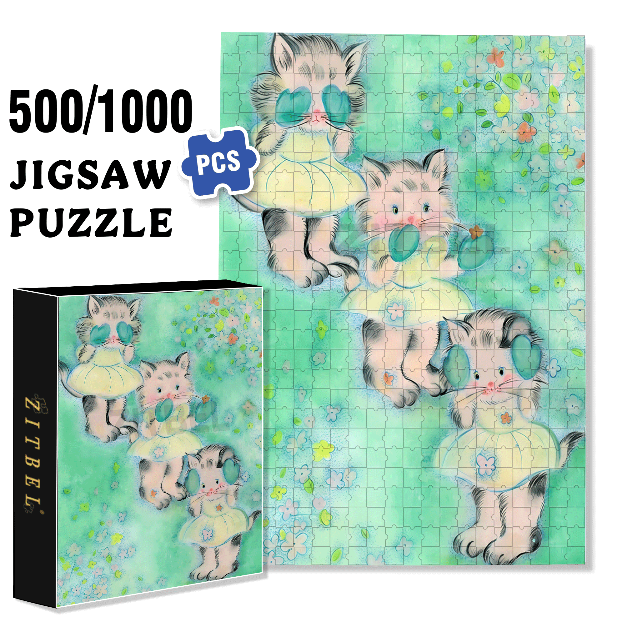 Kitten Club 500pcs/1000pcs Jigsaw Puzzle, Scratch-Resistant, Interactive Family Game & Brain-Boosting DIY Decor, Perfect for Halloween, Christmas & New Year Gifts, Family Puzzle Game