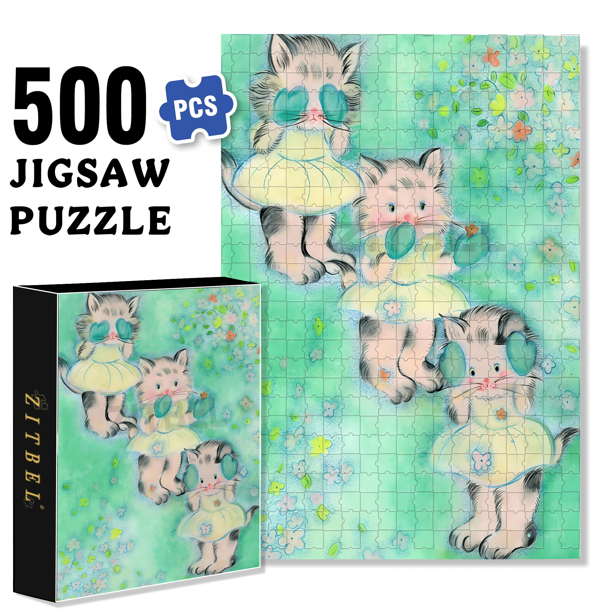 Kitten Club 500pcs/1000pcs Jigsaw Puzzle, Scratch-Resistant, Interactive Family Game & Brain-Boosting DIY Decor, Perfect for Halloween, Christmas & New Year Gifts, Family Puzzle Game