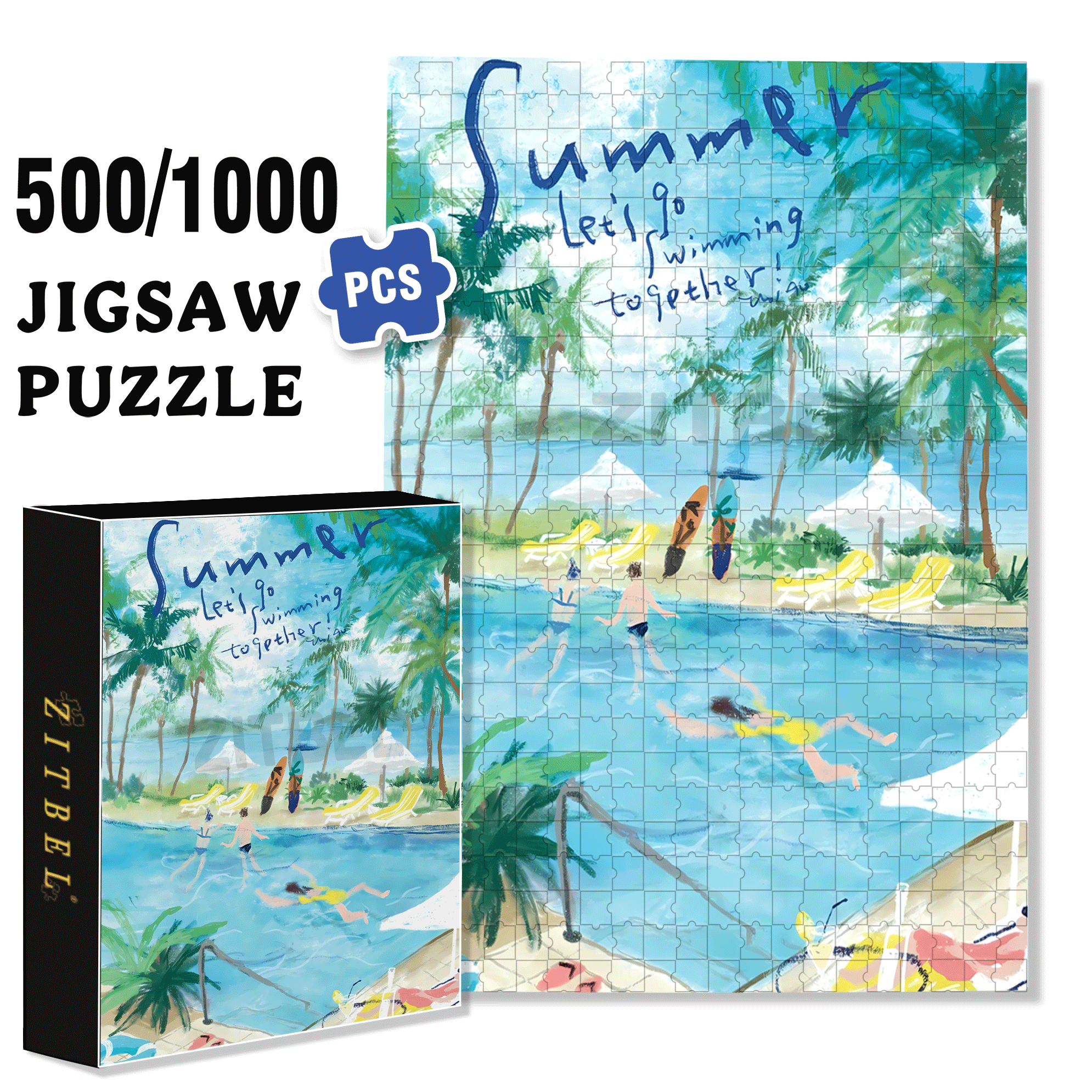 Let's Go Swimming 2 500pcs/1000pcs Jigsaw Puzzle, Scratch-Resistant, Interactive Family Game & Brain-Boosting DIY Decor, Perfect for Halloween, Christmas & New Year Gifts, Family Puzzle Game
