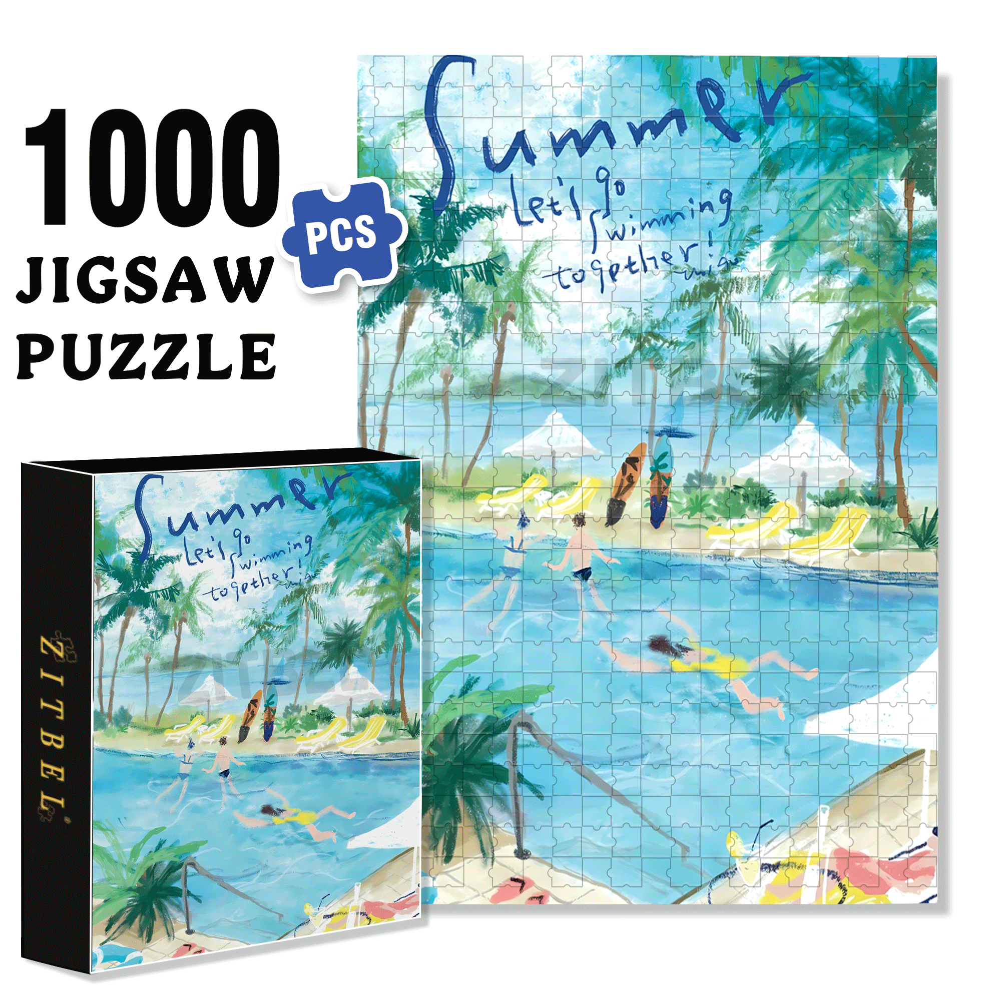 Let's Go Swimming 2 500pcs/1000pcs Jigsaw Puzzle, Scratch-Resistant, Interactive Family Game & Brain-Boosting DIY Decor, Perfect for Halloween, Christmas & New Year Gifts, Family Puzzle Game