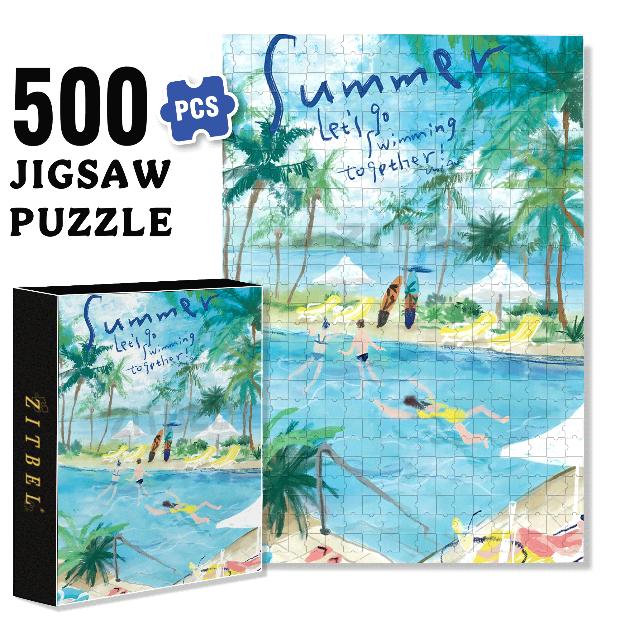 Let's Go Swimming 2 500pcs/1000pcs Jigsaw Puzzle, Scratch-Resistant, Interactive Family Game & Brain-Boosting DIY Decor, Perfect for Halloween, Christmas & New Year Gifts, Family Puzzle Game