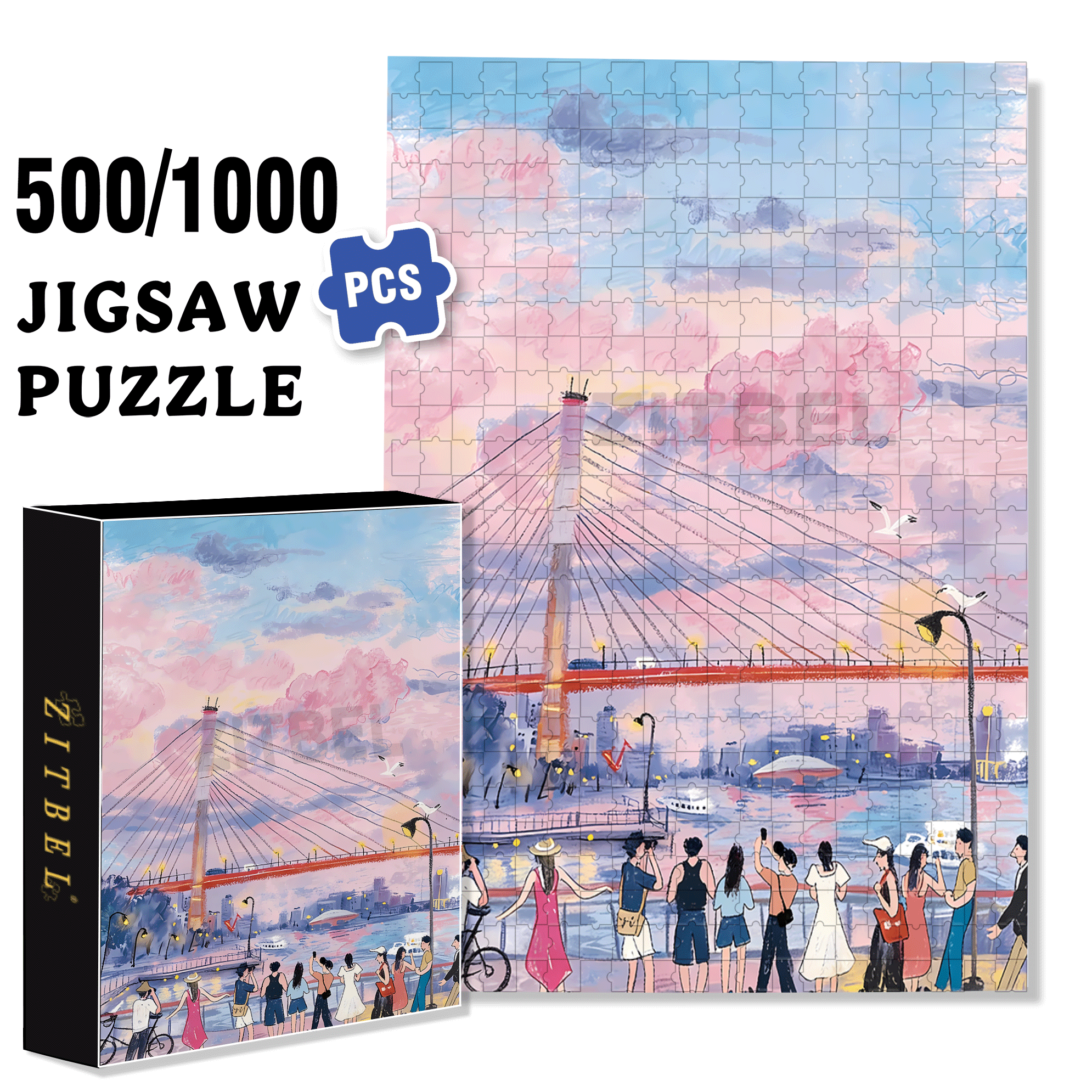 Pink Clouds 500pcs/1000pcs Jigsaw Puzzle, Scratch-Resistant, Interactive Family Game & Brain-Boosting DIY Decor, Perfect for Halloween, Christmas & New Year Gifts, Family Puzzle Game