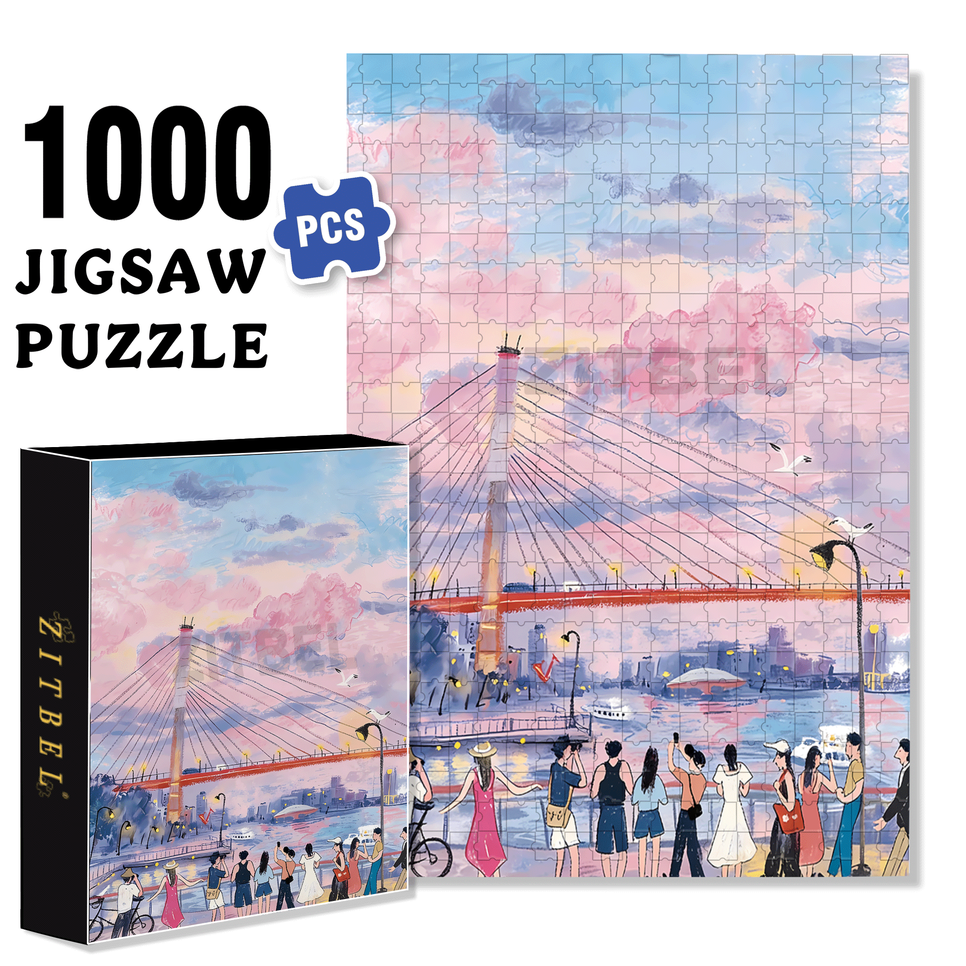 Pink Clouds 500pcs/1000pcs Jigsaw Puzzle, Scratch-Resistant, Interactive Family Game & Brain-Boosting DIY Decor, Perfect for Halloween, Christmas & New Year Gifts, Family Puzzle Game
