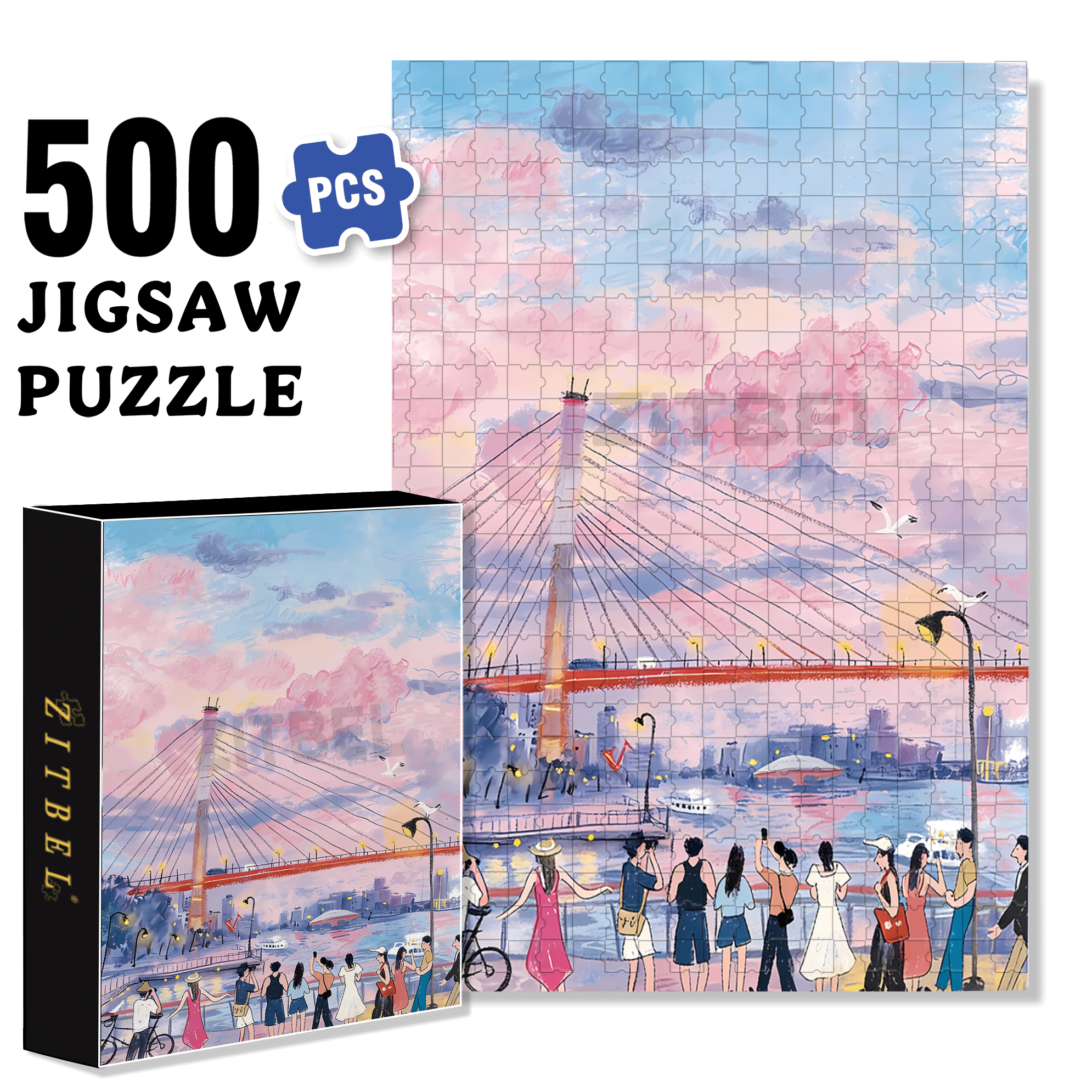 Pink Clouds 500pcs/1000pcs Jigsaw Puzzle, Scratch-Resistant, Interactive Family Game & Brain-Boosting DIY Decor, Perfect for Halloween, Christmas & New Year Gifts, Family Puzzle Game