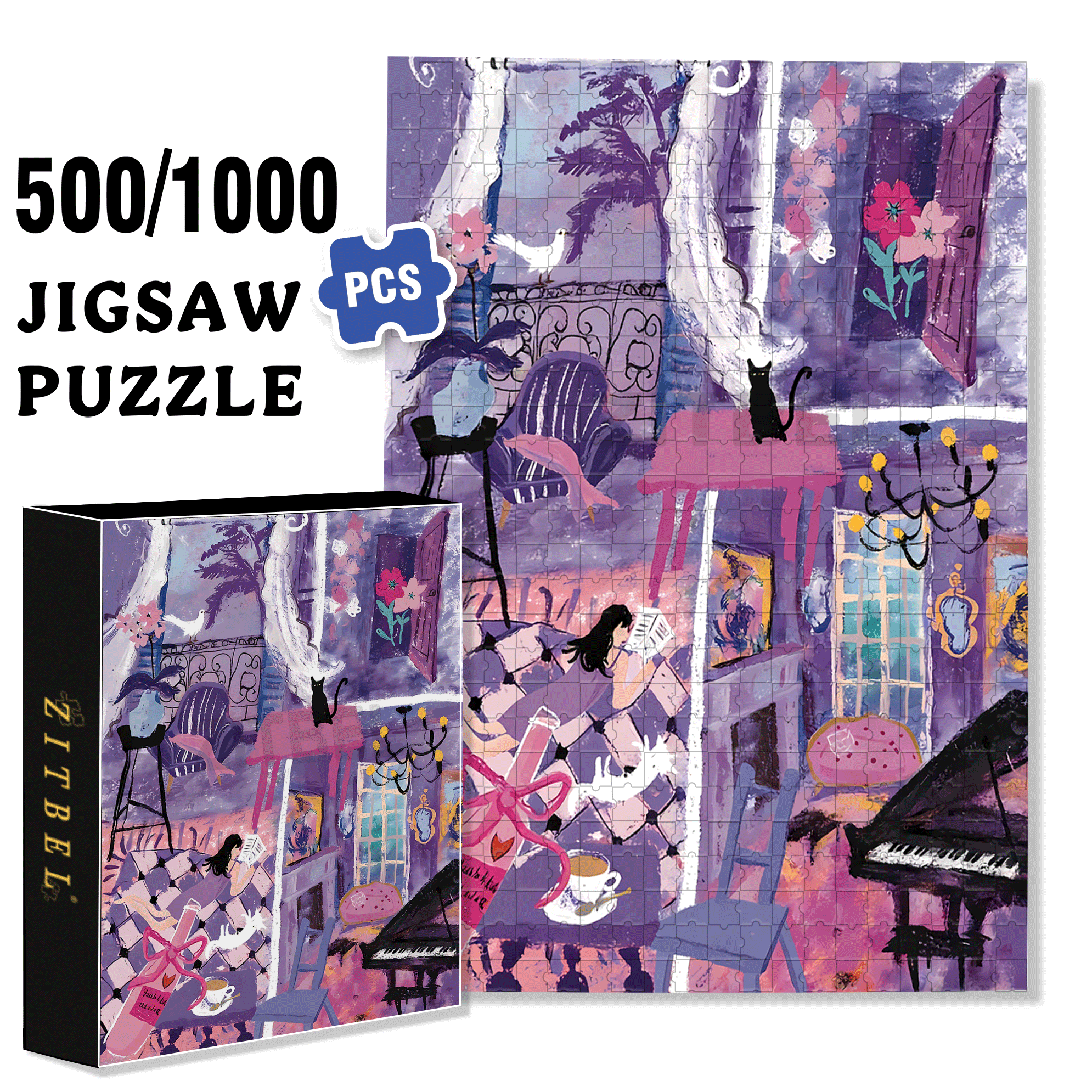 Purple August 500pcs/1000pcs Jigsaw Puzzle, Scratch-Resistant, Interactive Family Game & Brain-Boosting DIY Decor, Perfect for Halloween, Christmas & New Year Gifts, Family Puzzle Game