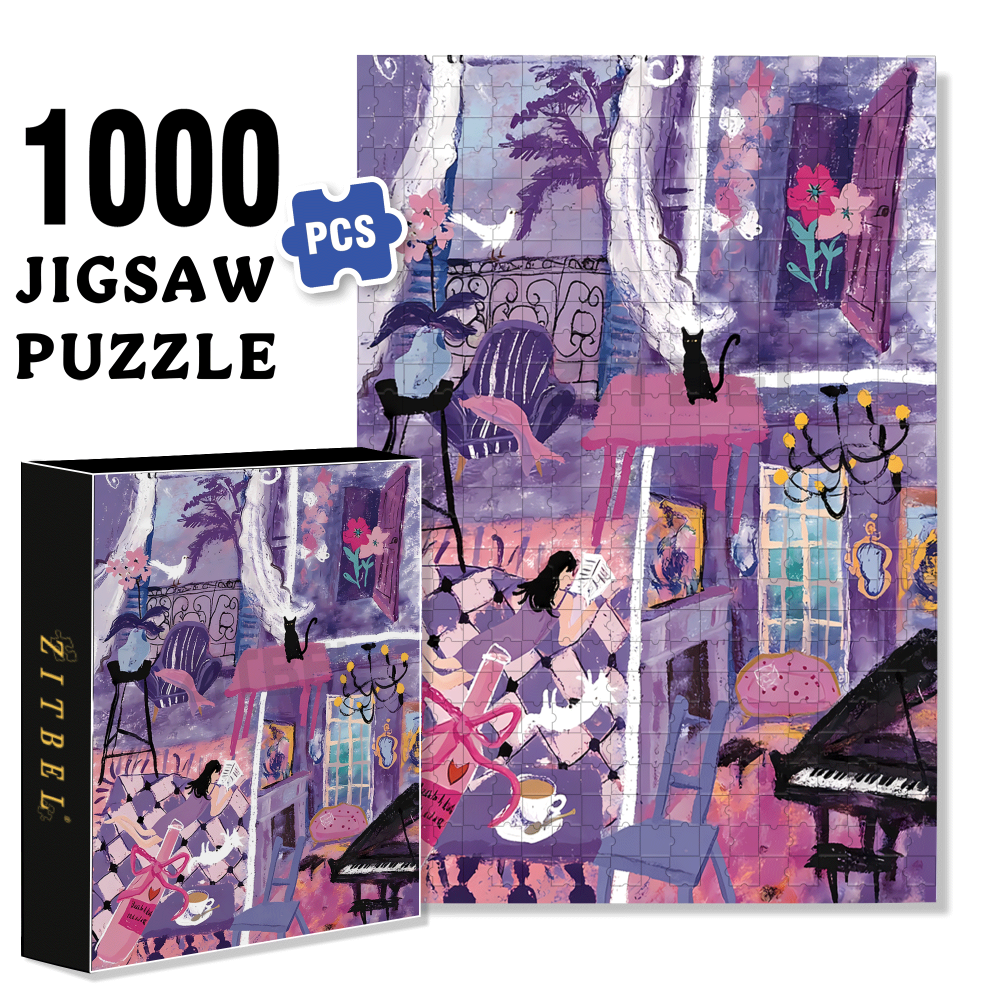 Purple August 500pcs/1000pcs Jigsaw Puzzle, Scratch-Resistant, Interactive Family Game & Brain-Boosting DIY Decor, Perfect for Halloween, Christmas & New Year Gifts, Family Puzzle Game