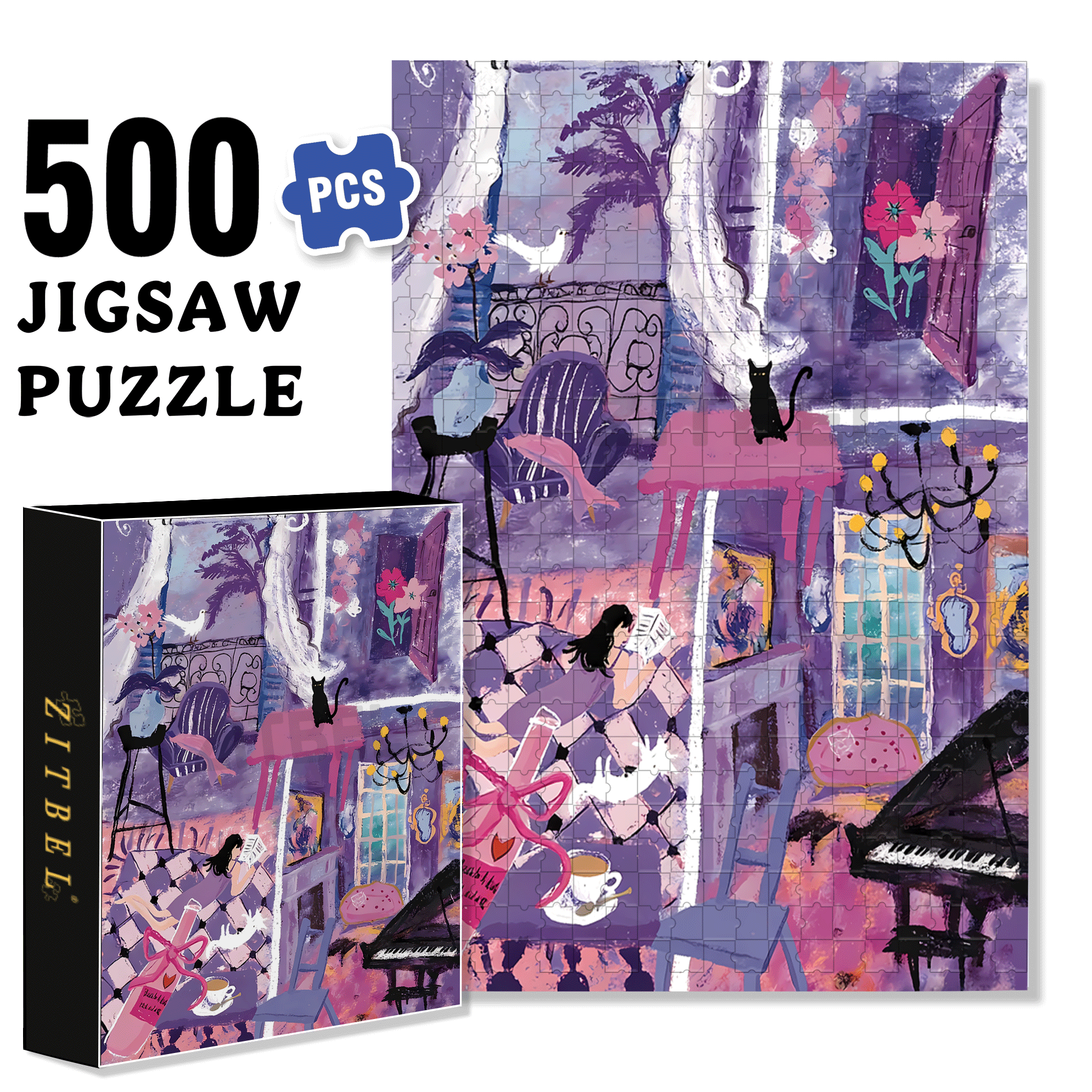 Purple August 500pcs/1000pcs Jigsaw Puzzle, Scratch-Resistant, Interactive Family Game & Brain-Boosting DIY Decor, Perfect for Halloween, Christmas & New Year Gifts, Family Puzzle Game