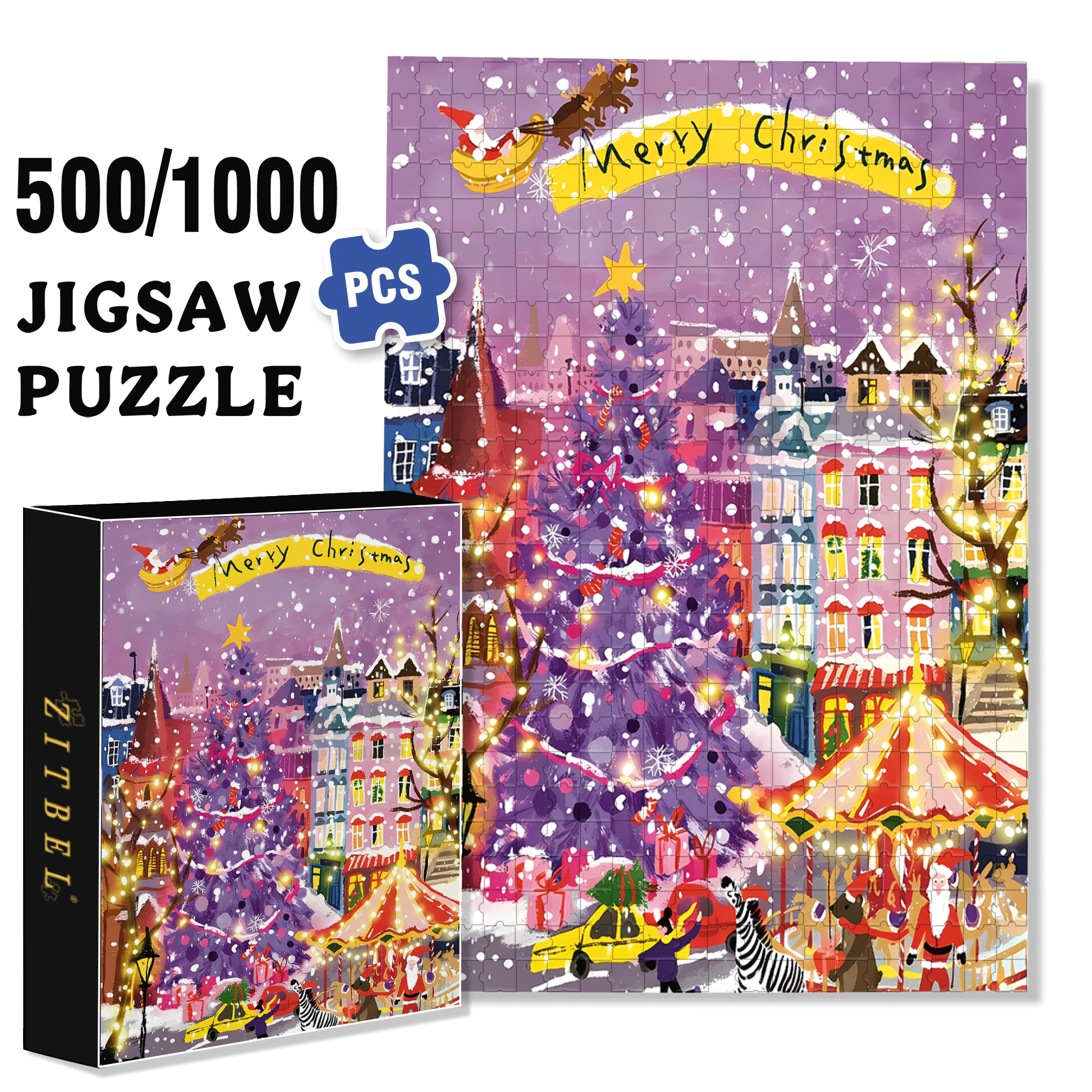 Purple Christmas Tree 500pcs/1000pcs Jigsaw Puzzle, Scratch-Resistant, Interactive Family Game & Brain-Boosting DIY Decor, Perfect for Halloween, Christmas & New Year Gifts, Family Puzzle Game
